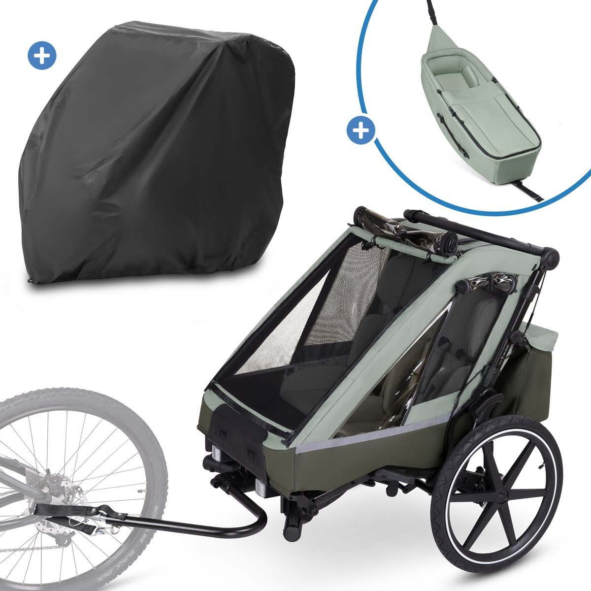 ABC Design Fahrradkinderanhänger Tour 2 - Olive, Fahrradanhänger für 2 Kinder mit Neugeboreneneinsatz & Faltgarage