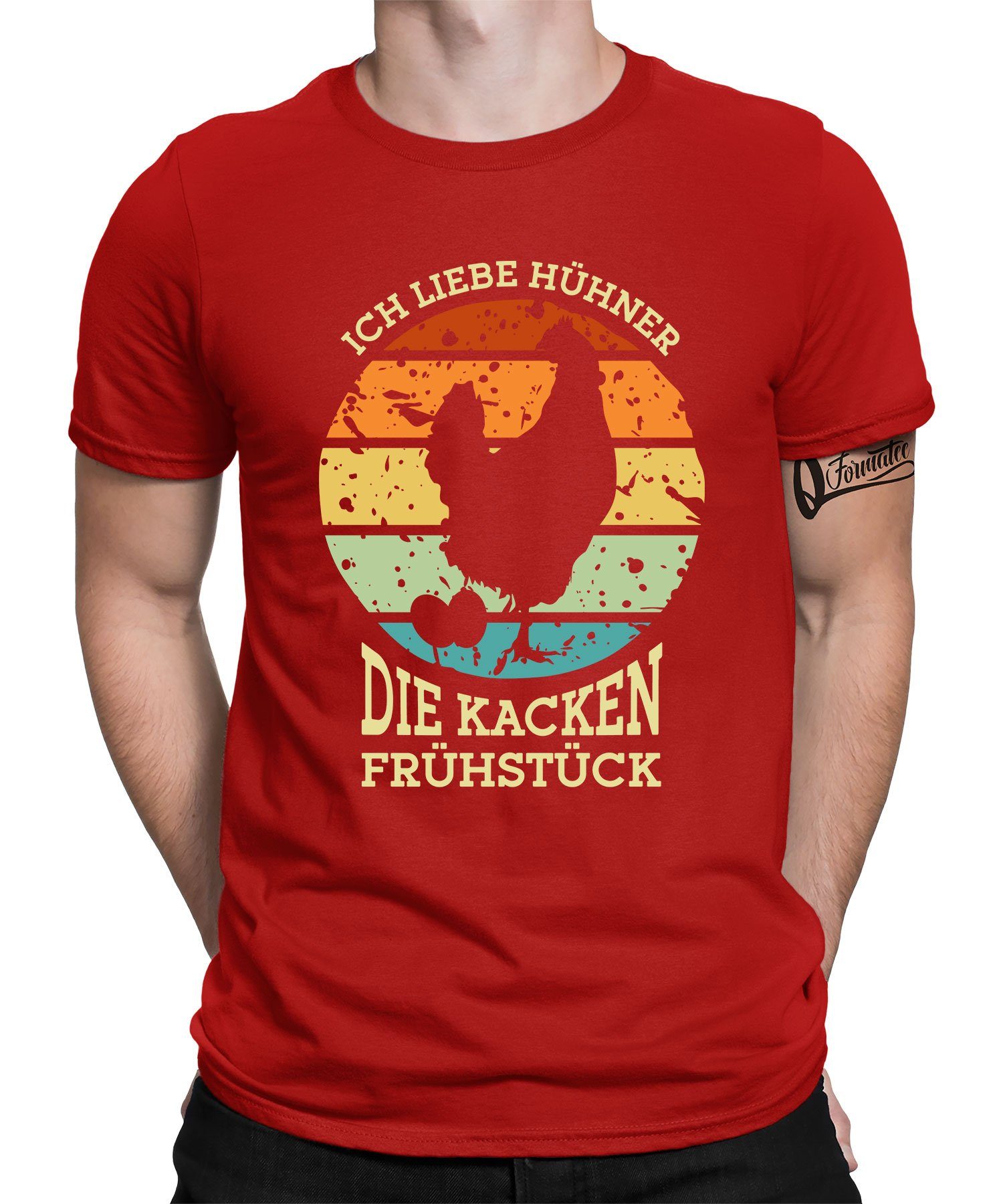 - Herren Hahn Formatee Kurzarmshirt (1-tlg) Bauern Frühstück Huhn Chicken Rot T-Shirt Quattro kacken Hühner