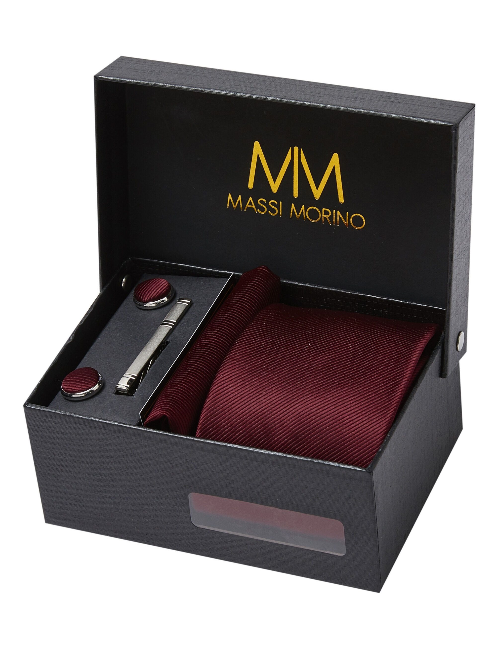 Massi Morino Krawatte (1-St) mit Einstecktuch, Manschettenknöpfen und Галстукиklammer