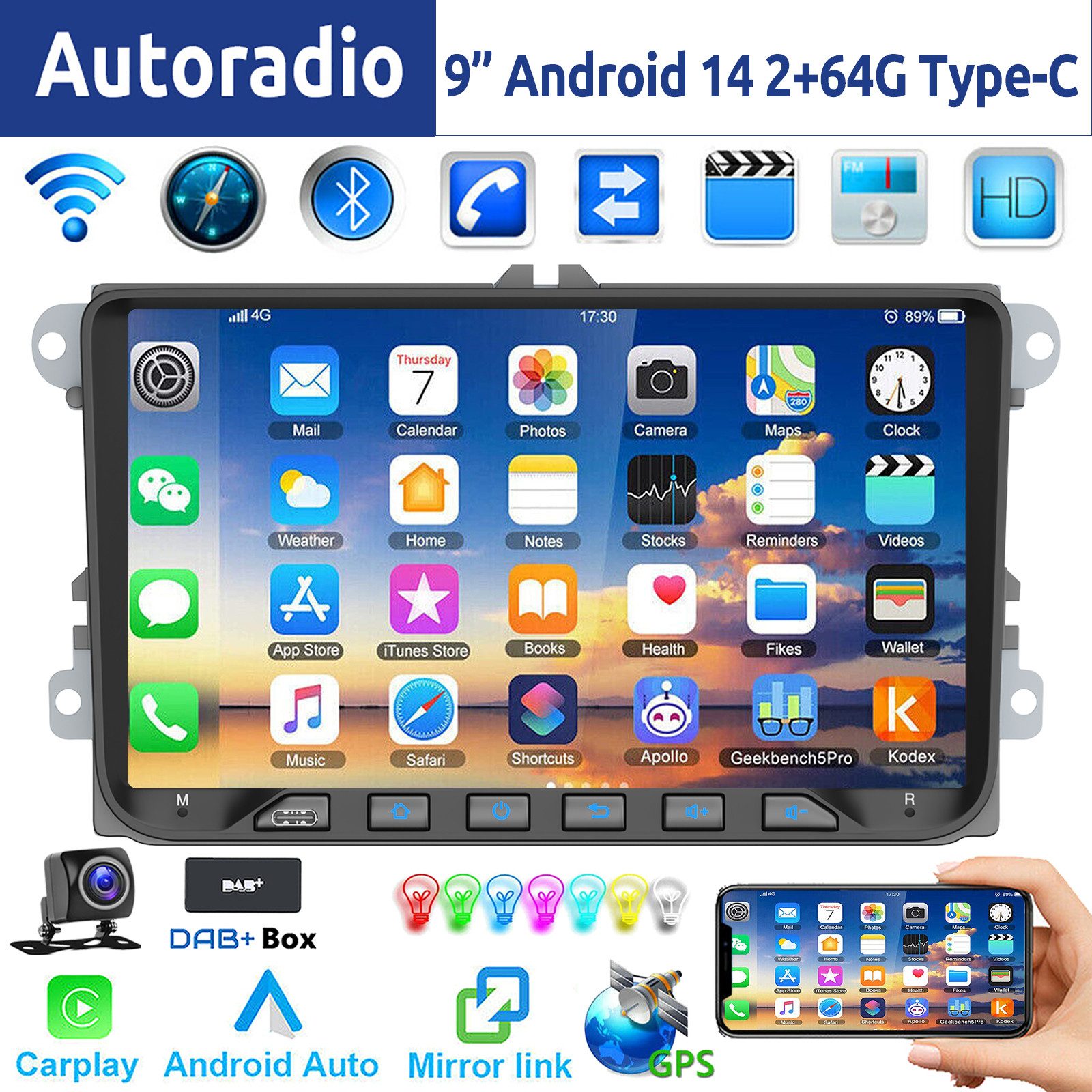 ESSGOO 9" Android 14 64G Für VW GOLF 5 6 Touran Tiguan Polo Passat Caddy EOS Autoradio (DAB+ (optional), FM, RDS, Carplay Android Auto GPS Navi Touchscreen Bluetooth FM RDS WIFI USB)