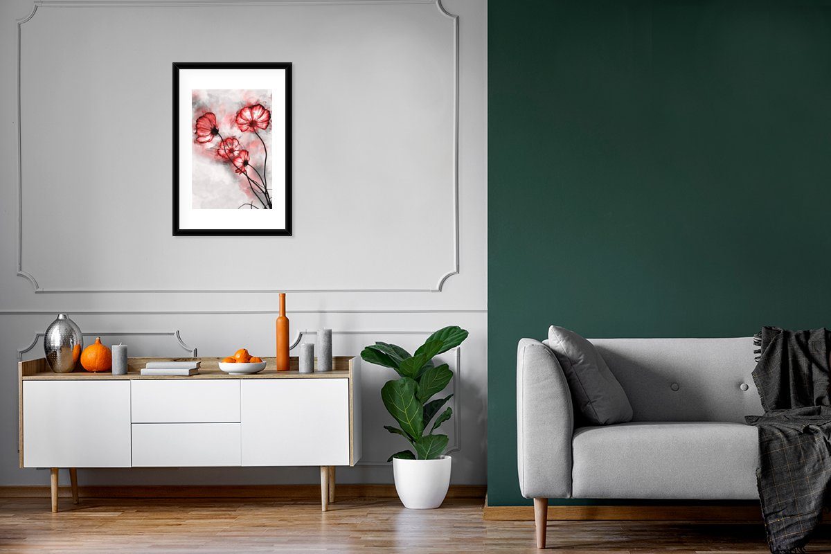Poster, mit Aquarell Poster - St), - Kunstdruck, Gerahmtes Schwarzem Rahmen, MuchoWow Rot, Bilderrahmen (1 Blumen