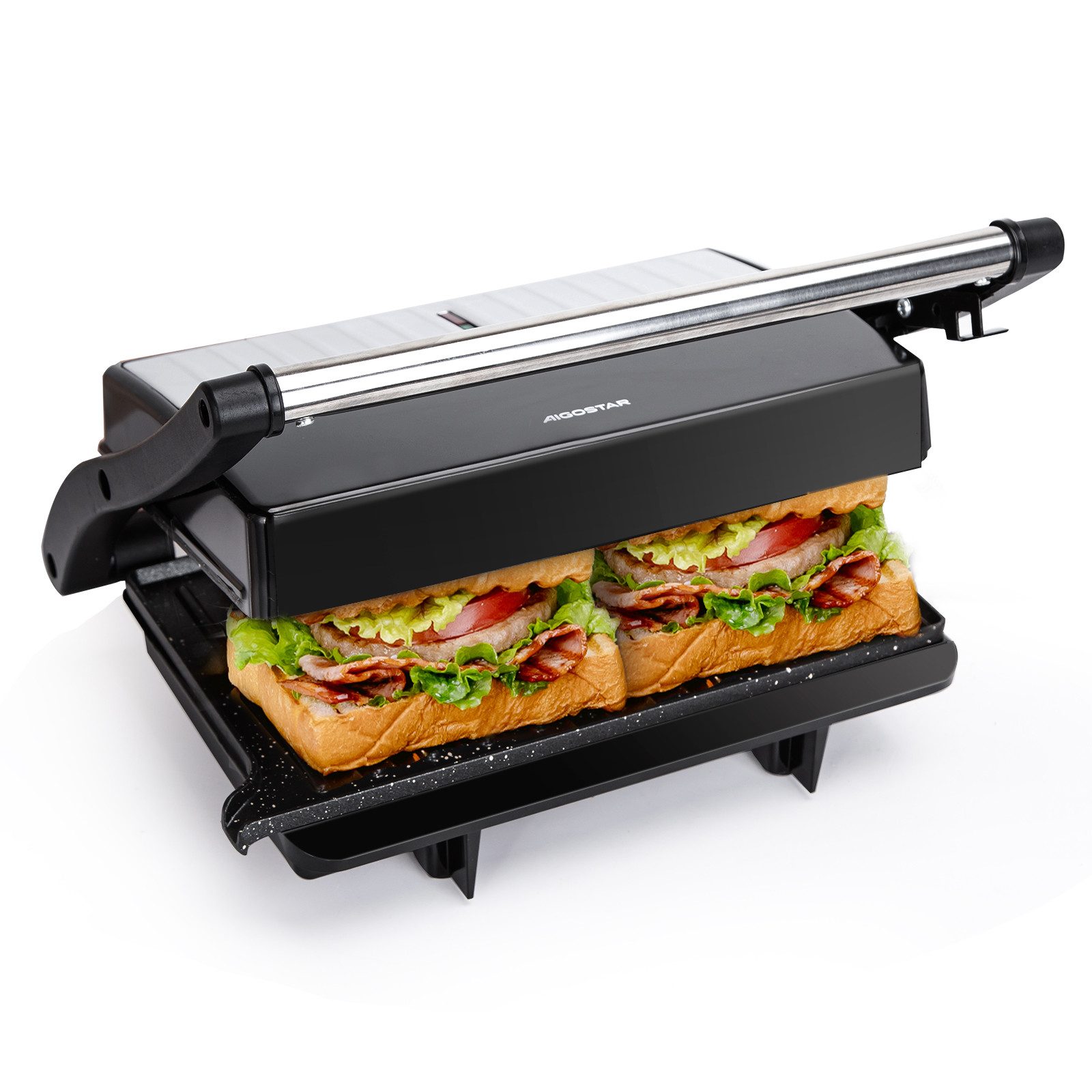 Aigostar Paninigrill York Pro - XXL Kontaktgrill Panini Grill, Sandwich Maker, Edelstahl, 1000,00 W, Gleichmäßige Erwärmung, 180° Kontaktgrill, Leicht zu lagern