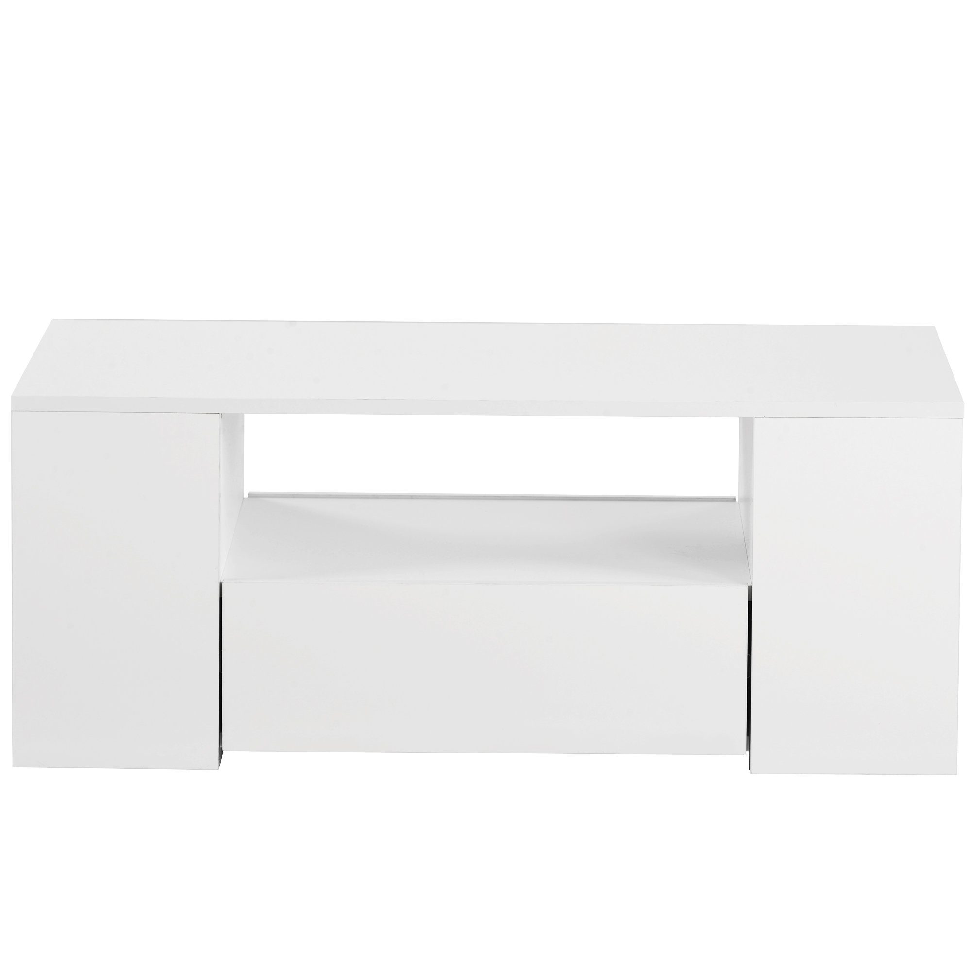 Couchtisch (Wohnzimmertisch Hochglanz Weiß), Sofatisch mit LED-Beleuchtung, 2 Schubladen, 2 Regale, 95 x 53 x 37 cm
