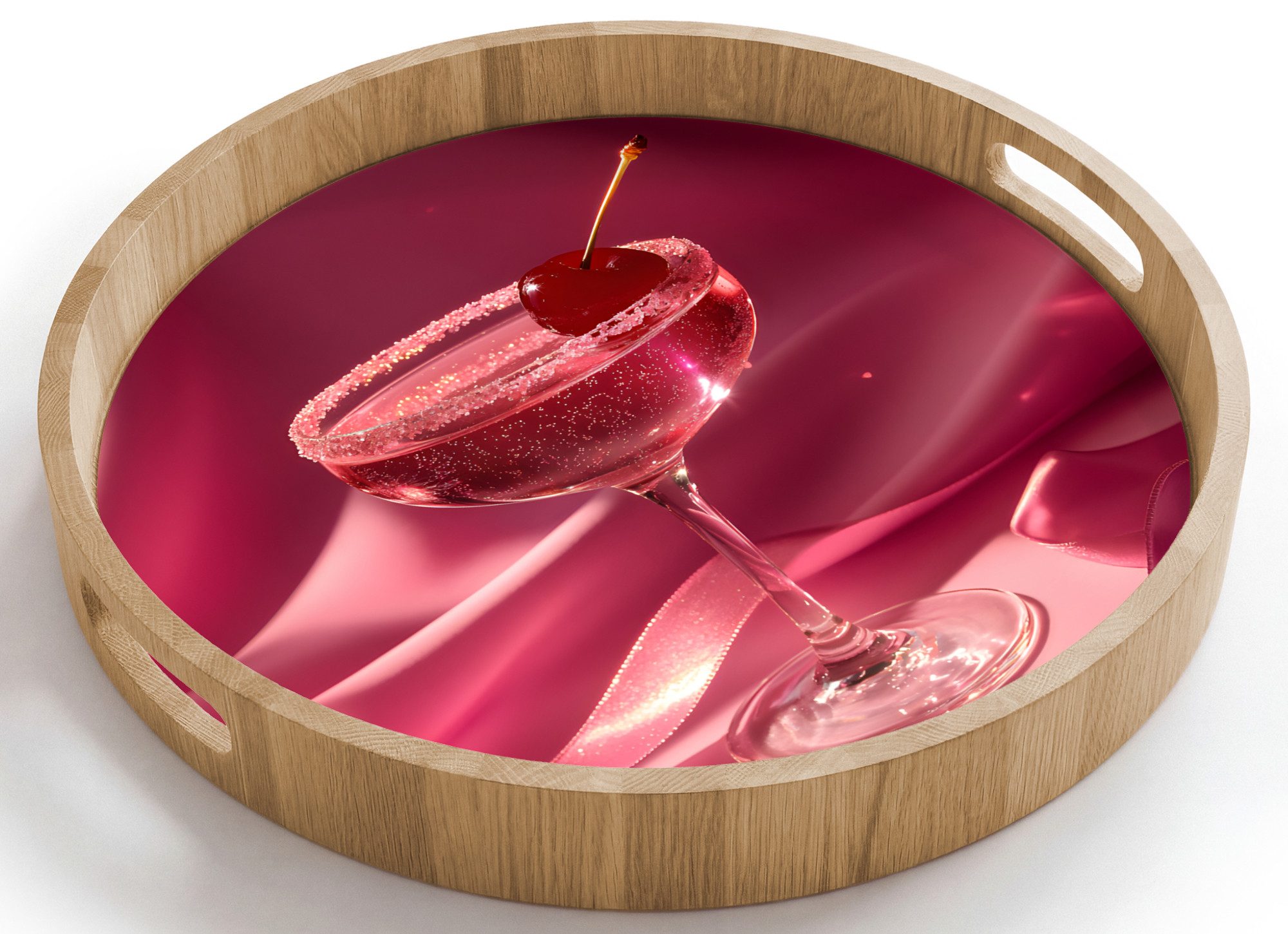 OnlyWow Tablett Rund mit Henkel Cocktail - Rosa - Luxe, Eichenholz, (1-tlg), Siervierplatte, Tray, Frühstücksbrett