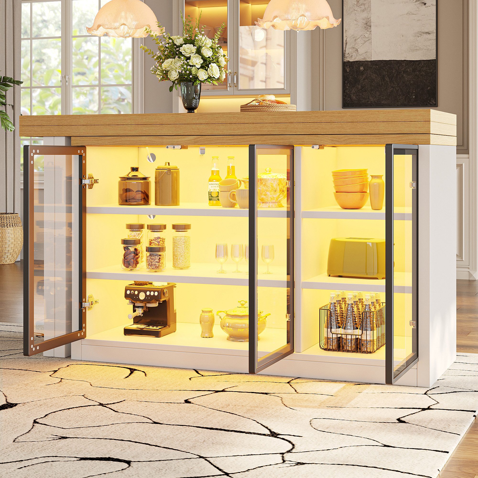 STILVORA Esstisch Ausziehbare Kücheninsel mit Farblichtsystem Seitenschrank, Weiß (Ausziehbarer Esstisch mit Schrank, LED, Glastüren, drehbar, 360° drehbar, Push-to-Open, LED mit App, verstellbare Böden), Für Esszimmer, Küche, Homeoffice und kleine Wohnungen