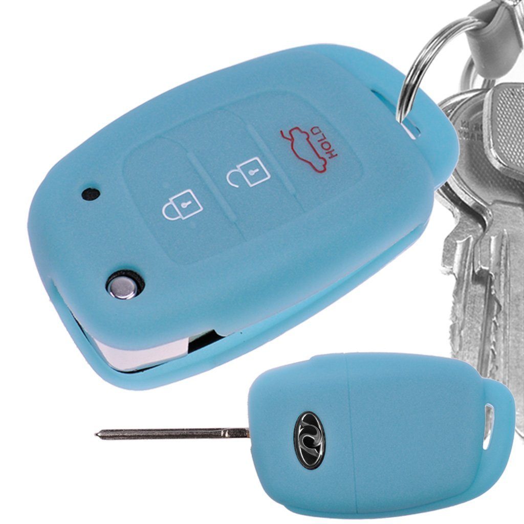 mt-key Schlüsseltasche Autoschlüssel Softcase Silikon Schutzhülle fluoreszierend Blau, für Hyundai i10 i20 Elantra i40 Sonata ix25 ix35 Tucson 3 Tasten