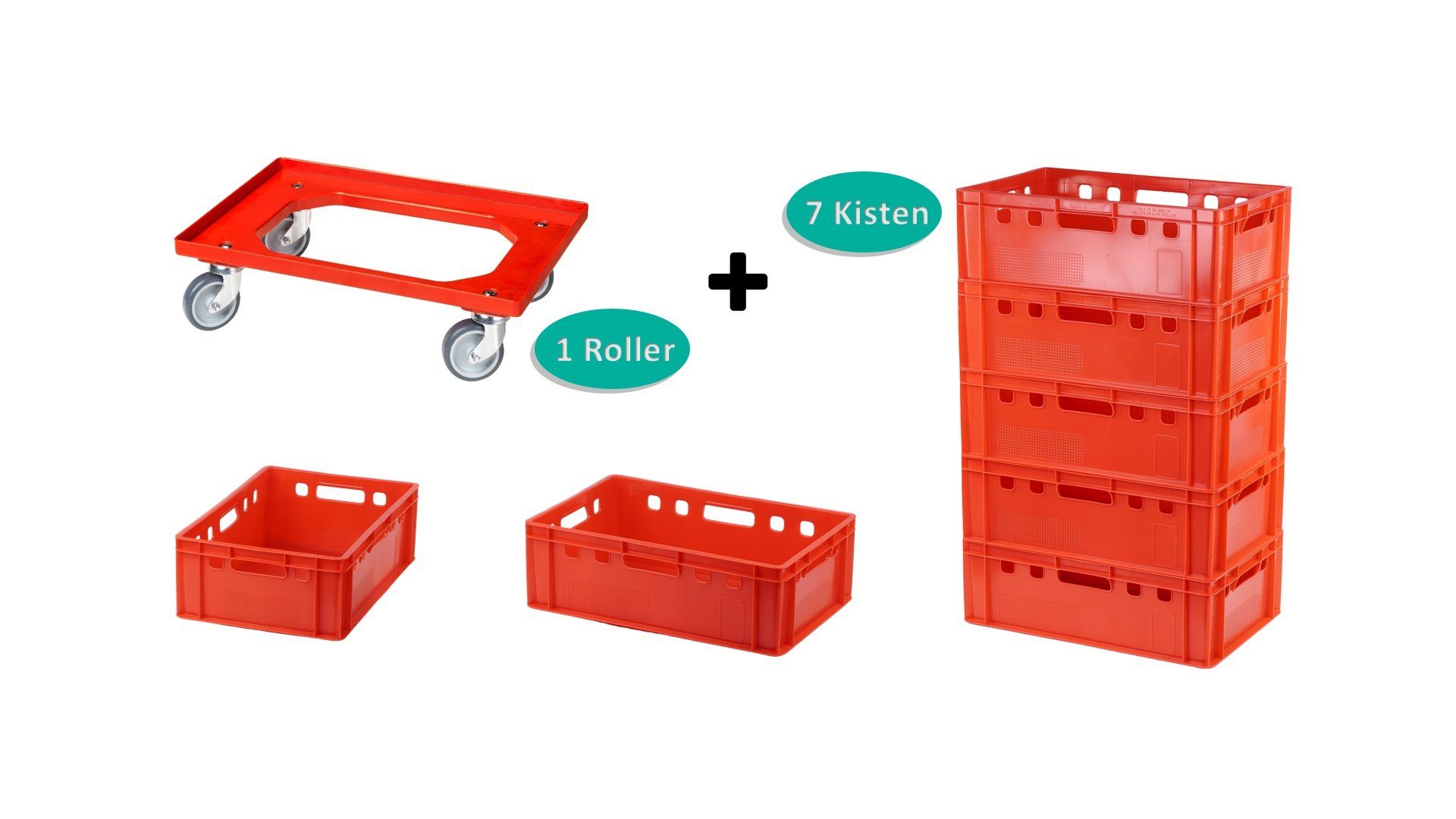 Logiplast Transportbehälter 7 E2 Kisten mit einem Transportrollen in rot, (Spar-Set, 7 Stück), Lebensmittelecht und stapelbar (Kiste), leicht zu reinigen, robust
