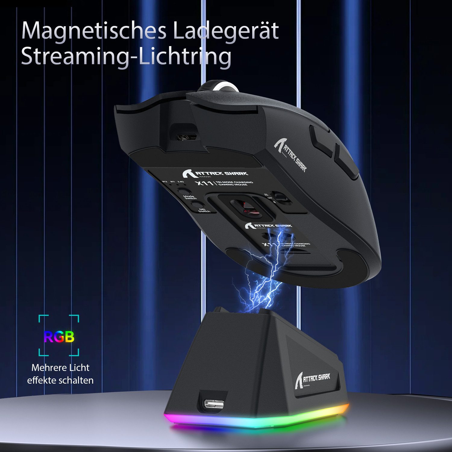 ATTACK SHARK X11 Kabellose Gaming-Maus mit Magnetischer Ladestation Gaming-Maus (Bluetooth, kabelgebunden, 2.4G, 22000 dpi) – Bild 4 von 5