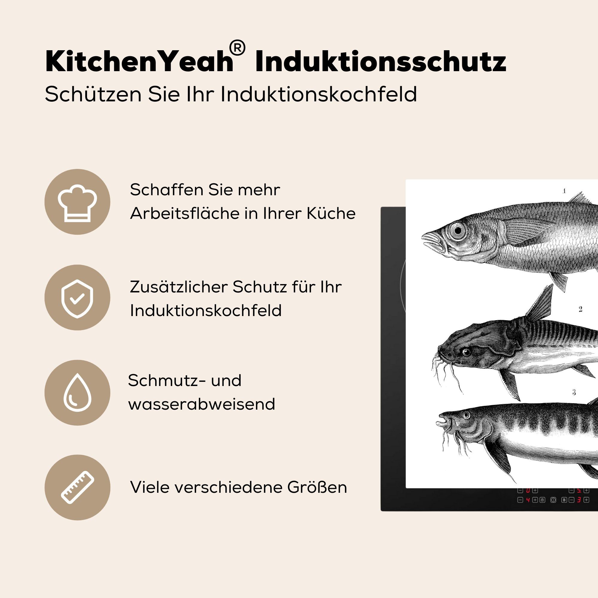 MuchoWow Herdblende-/Abdeckplatte Eine Fischen, Ceranfeldabdeckung von 59x52 (1 küche, drei cm, die für Vinyl, Induktionsmatte Illustration tlg), schwarz-weiße