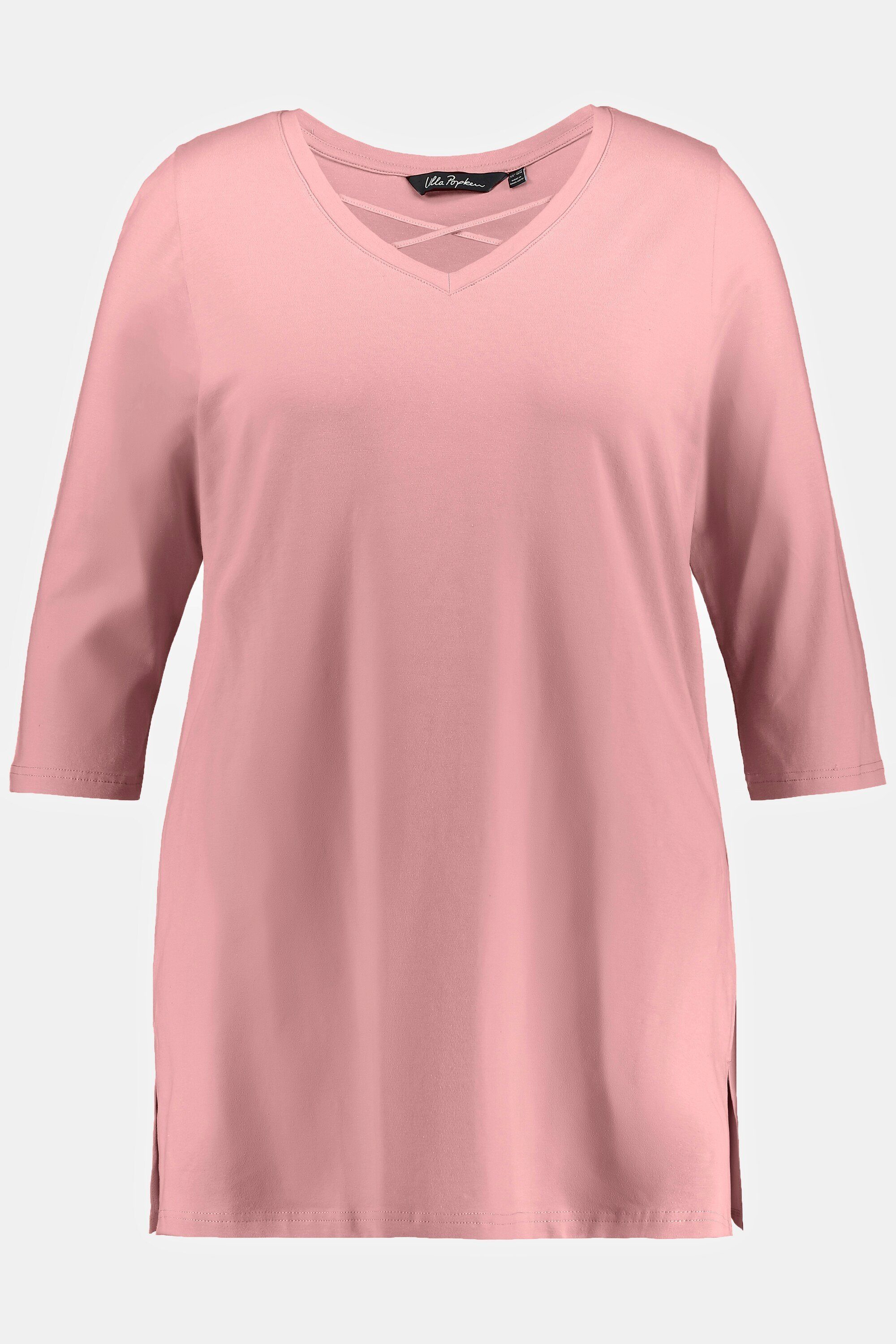 Zierbänder Popken Ulla 3/4-Arm Shirt Rosa V-Ausschnitt Classic Rundhalsshirt
