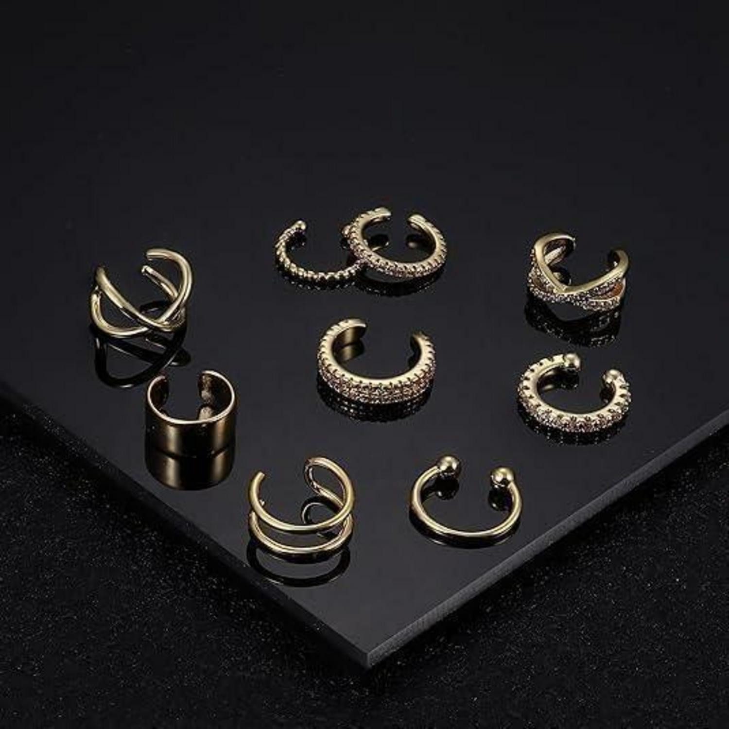 LuxusKollektion Ohrklemmen-Set 9er Set vergoldete Ear Cuffs für Damen - Knorpelohrringe