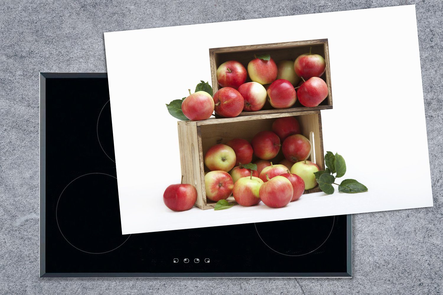 Vinyl, - tlg), die - Kiste Induktionskochfeld cm, Apfel 81x52 MuchoWow für Obst, küche, (1 Ceranfeldabdeckung Herdblende-/Abdeckplatte Schutz