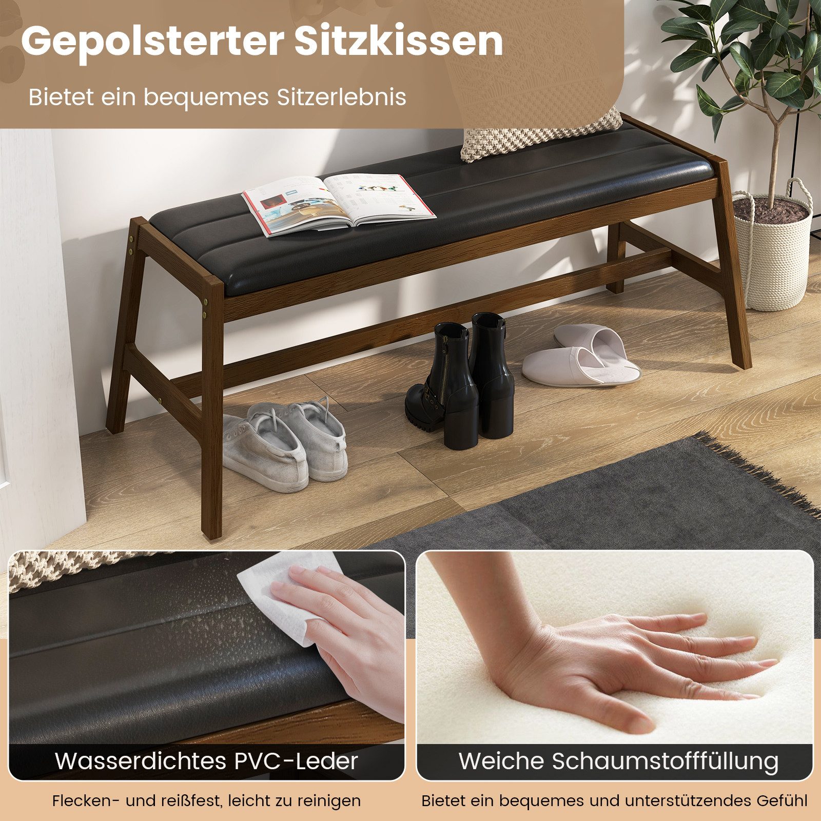 COSTWAY Polsterbank, 127cm Sitzbank, Massivholz, 150kg