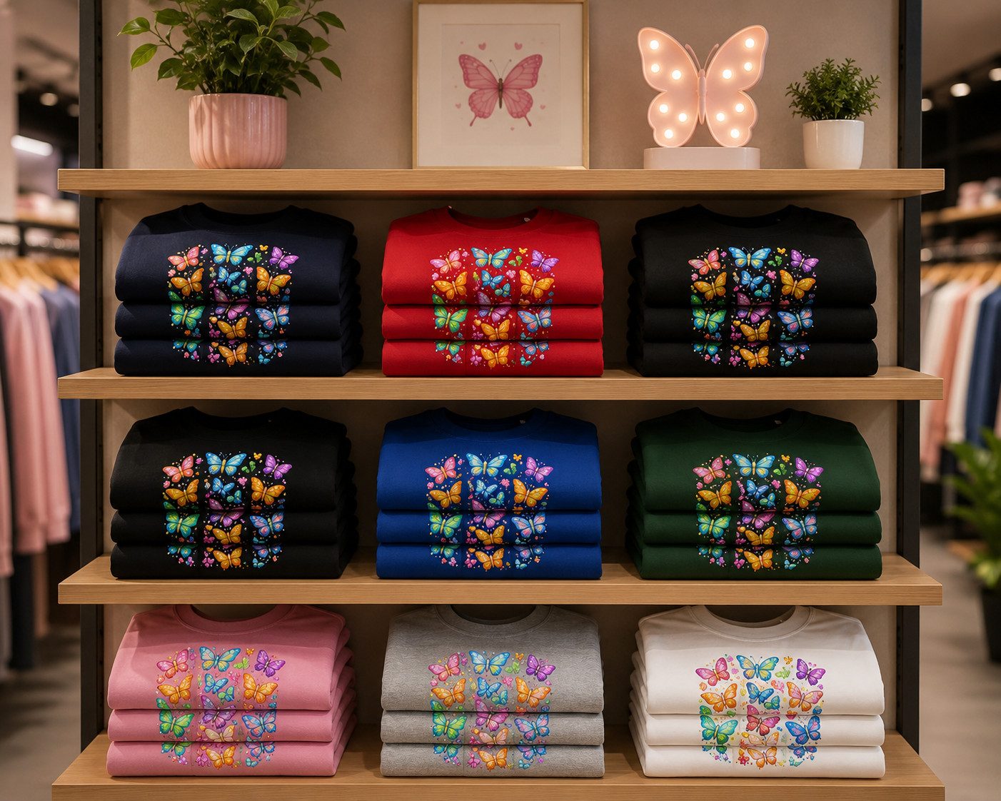 Blondie & Brownie T-Shirt Colorful Butterflies Damen Tee Frontprint Baumwolle Rundhals Print (Einzelstück, Einzelartikel) Colorful Butterflies Damen Tee Blütenzauber Print