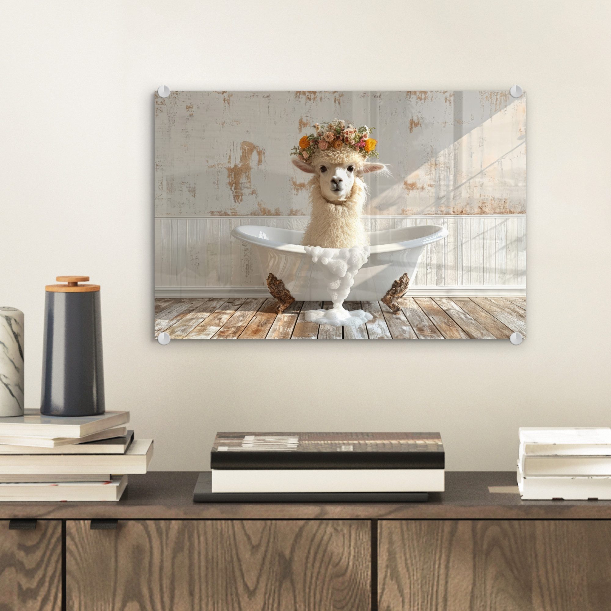 MuchoWow Acrylglasbild Vintage - Alpaka - Badewanne - Blumen - Tiere, Inkl. günstig online kaufen