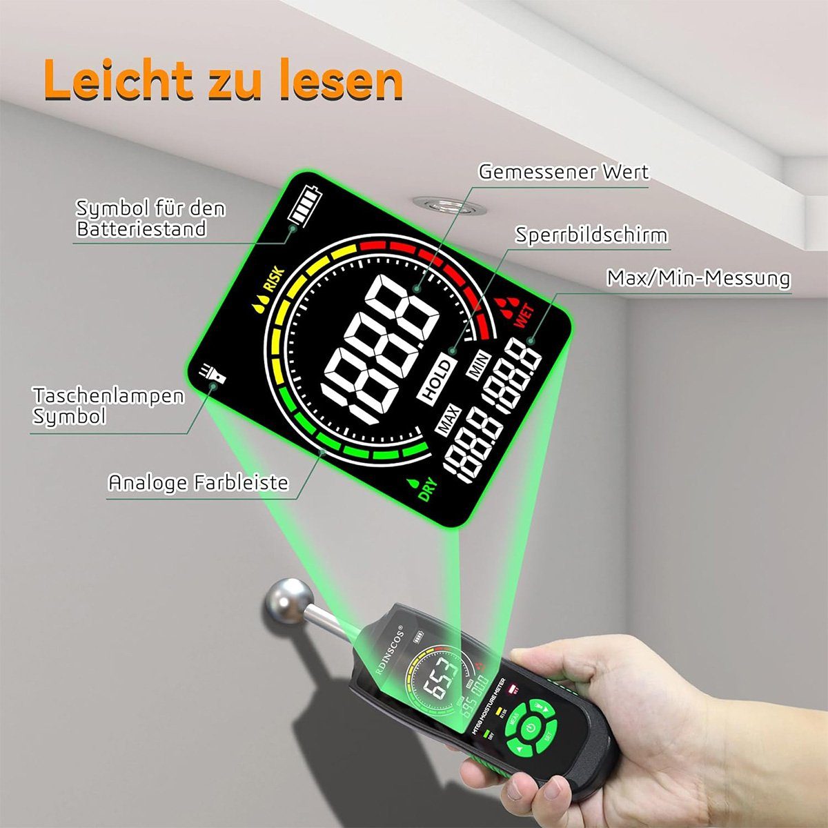 DOPWii Feuchtigkeitsmesser Wand mit Feuchtigkeits-Detector Auto-Kalibrierung Licht