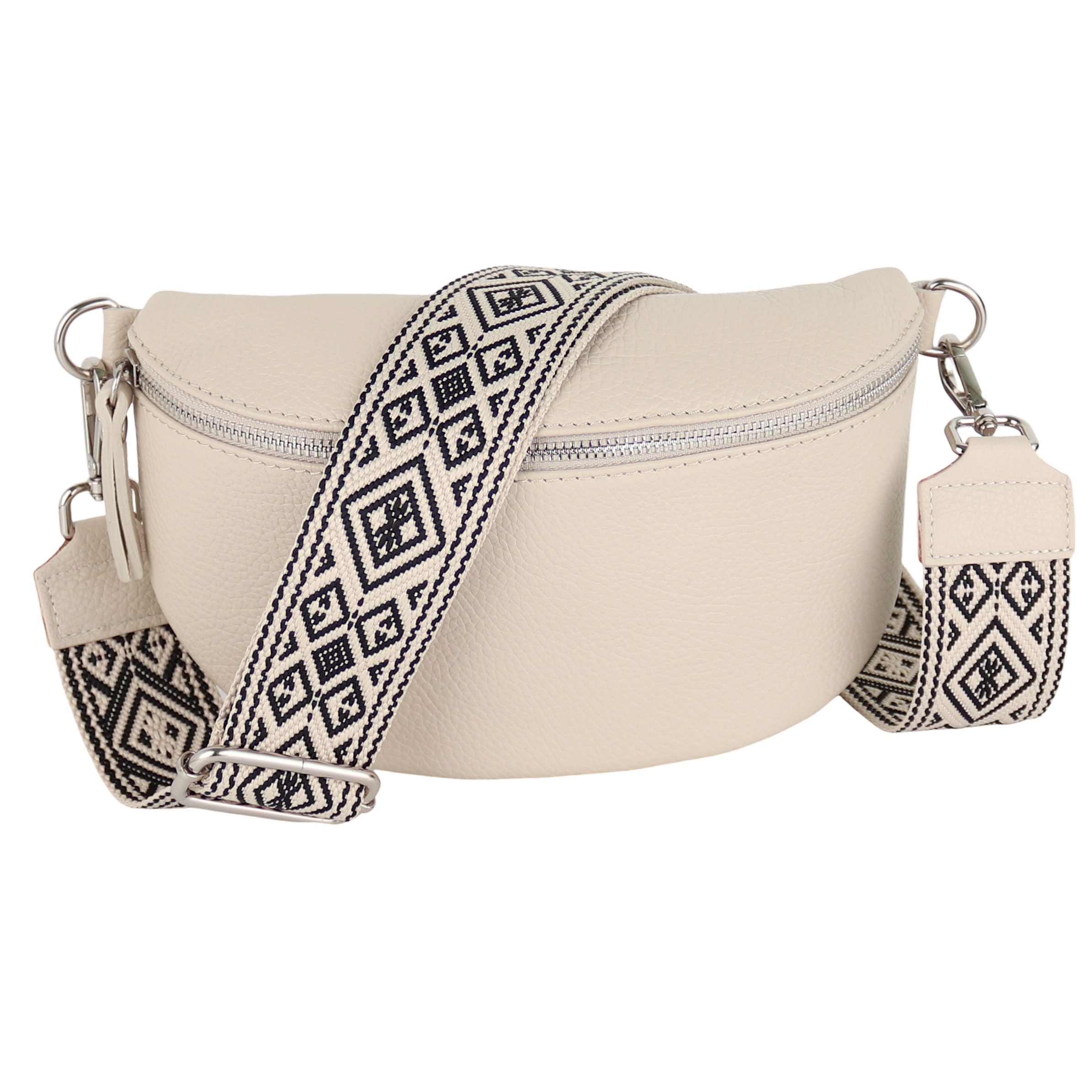 MIRROSI Bauchtasche Damen, Echtleder, Made in Italy, Umhängetasche, Brusttasche, (Schultertasche für jeden Anlass (1 Tasche & 2 Gurte), Crossbody Bag, Beige, gemusterten& verstellbaren Schulterriemen