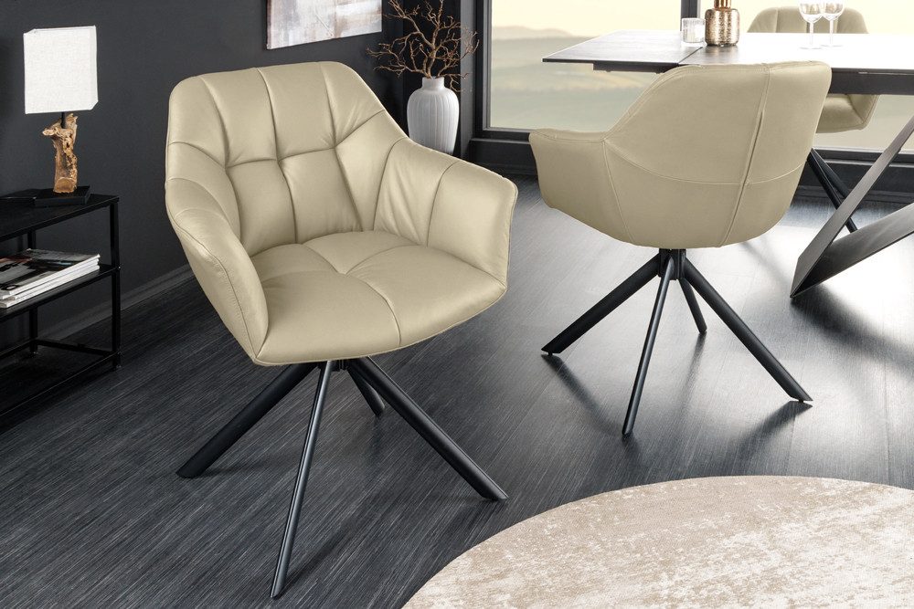 Polsterstuhl PAPILLON beige/schwarz – Echtleder, Metall, Polsterung, mit Armlehne