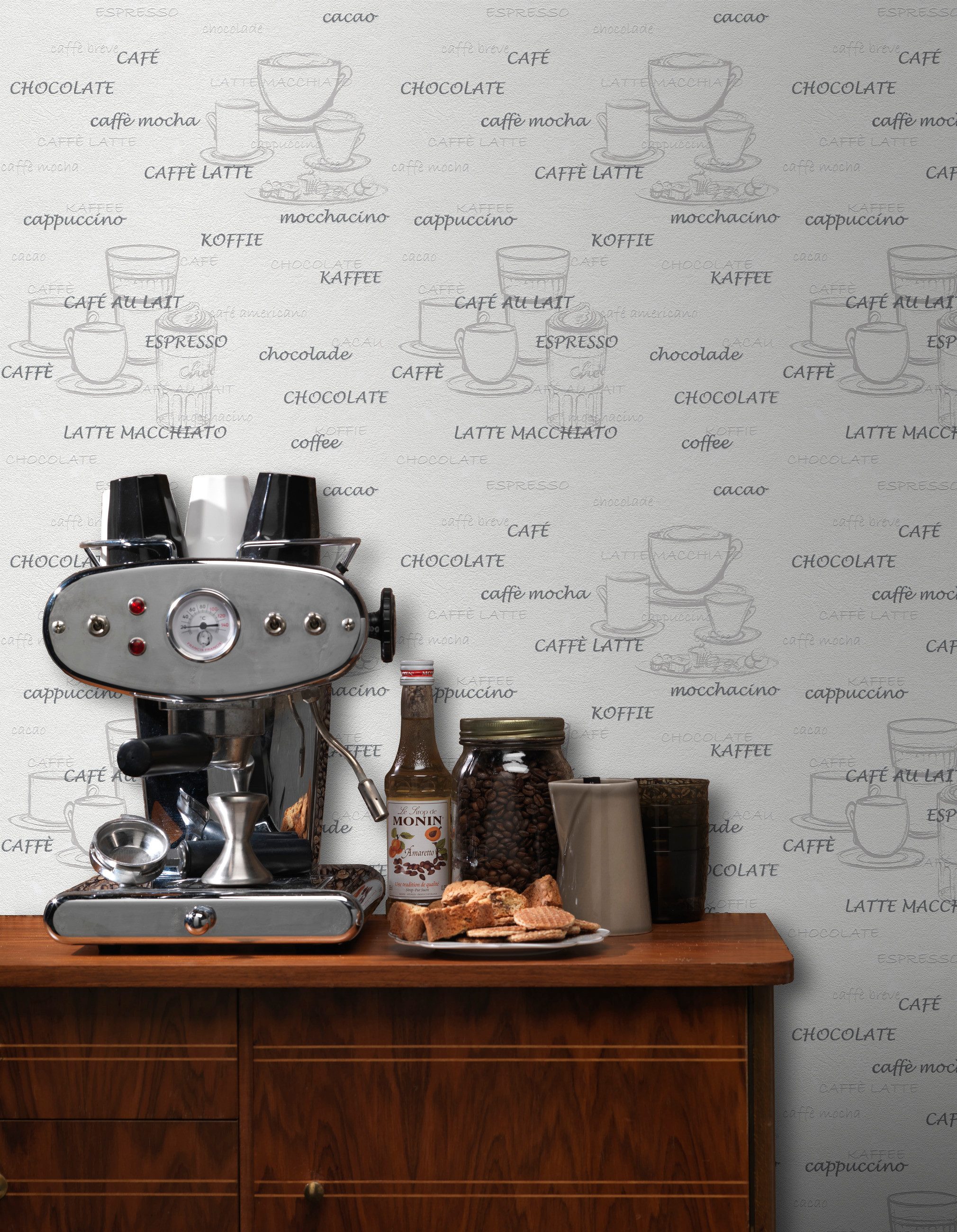 Rasch Vliestapete Kaffeemotiv - Vliestapete Weiß Grau, Mehrfarbig, (1 Rolle, 1 St., Kollektion 'Unsere Besten 2027' - 10,05 m x 0,53 m), gute Lichtbeständigkeit – Bild 4 von 4
