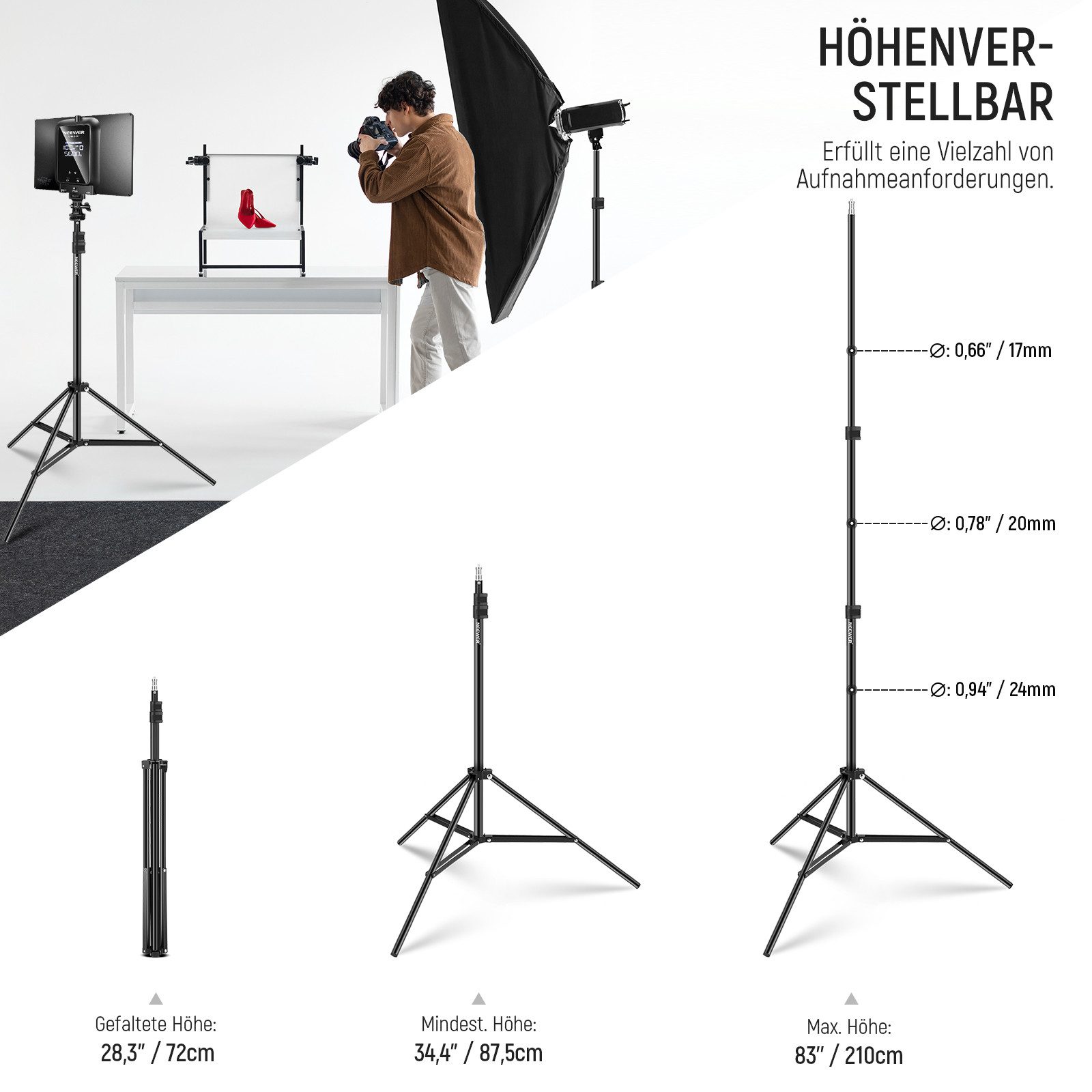Neewer ST210 2x 210cm Alu Studio Lichtständer, Höhenverstellbar 72-210 cm Lampenstativ (für Video-, Porträt- und Fotobeleuchtung, Reflektoren, Softboxen)