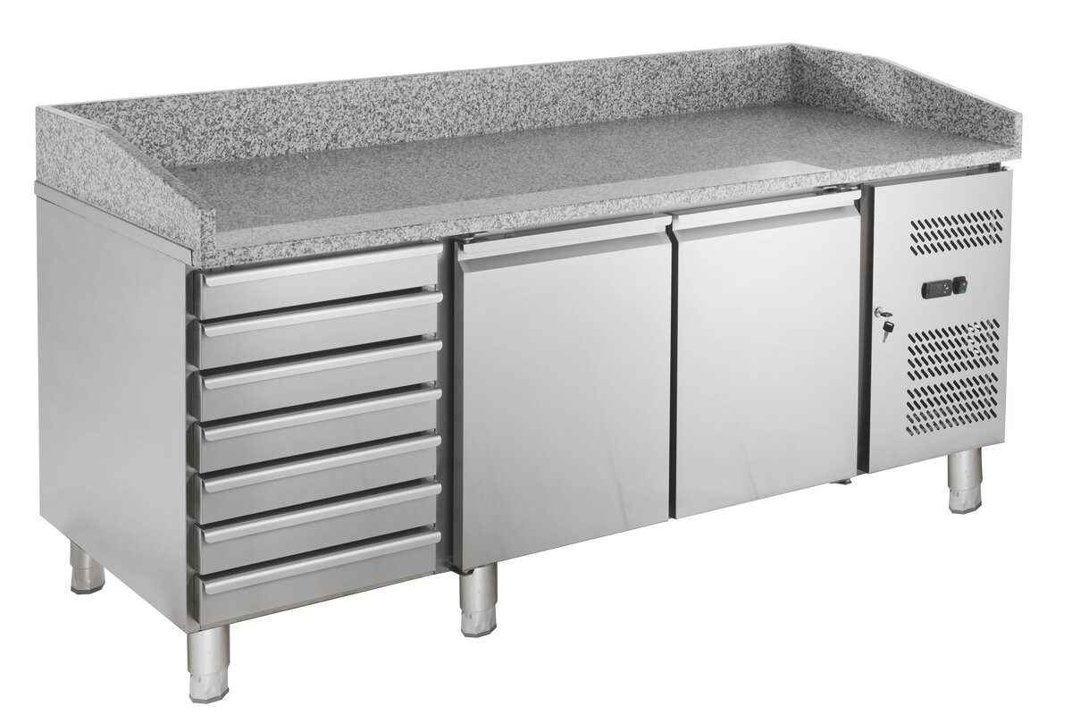 GastroHero Dönergrill Pizzatisch ECO 2-7 Granitplatte Kühltisch 2 Türen 7 Schubladen, 235 W
