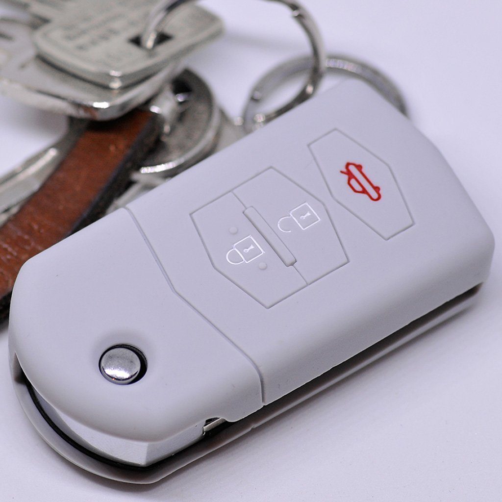 mt-key Schlüsseltasche Autoschlüssel Softcase Silikon Schutzhülle Grau, für Mazda CX-5 2 3 4 5 6 RX-8 3 Tasten Klappschlüssel