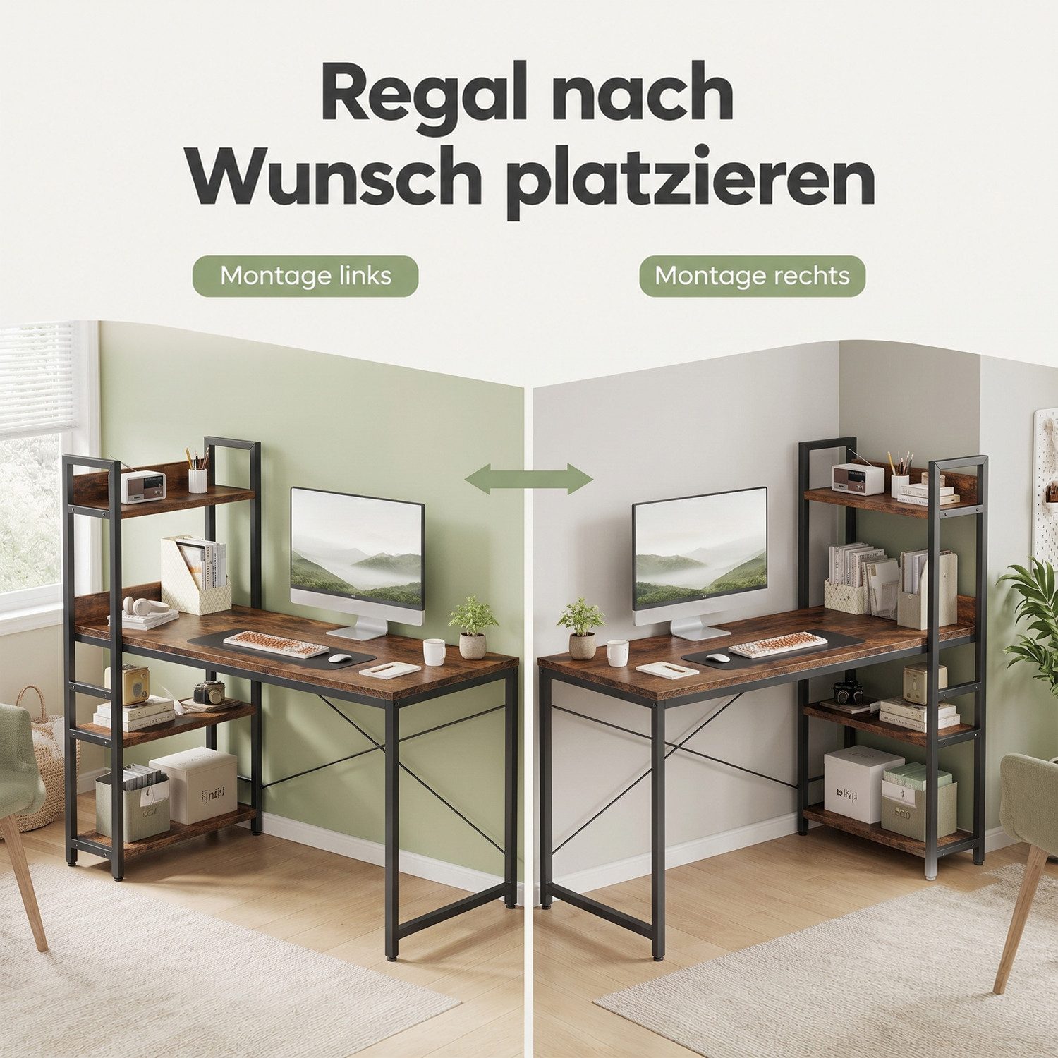 Refined Living Computertisch Schreibtisch Gaming tisch Computertisch Bürotisch 50x80/100cm 120/140 (Schreibtisch mit Seitlichem Regal & Verstellbaren Füßen, Off – Bild 4 von 5