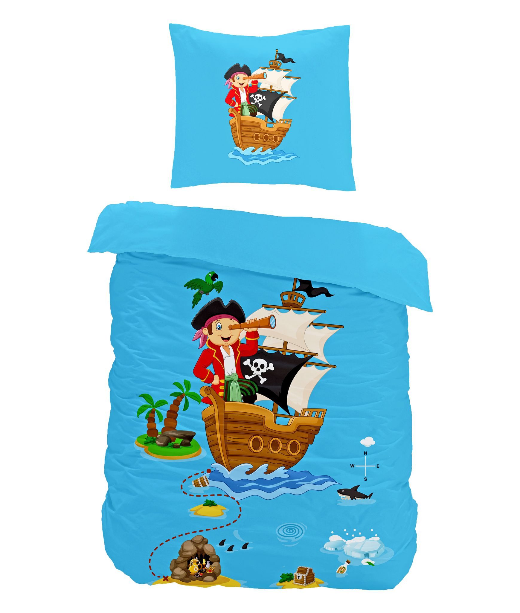 JACK Babybettwäsche 100x135cm Piratenschiff Pirat Schatz, Renforcé, 2 teilig, Babybettwäsche für kleine Piraten und Abenteurer
