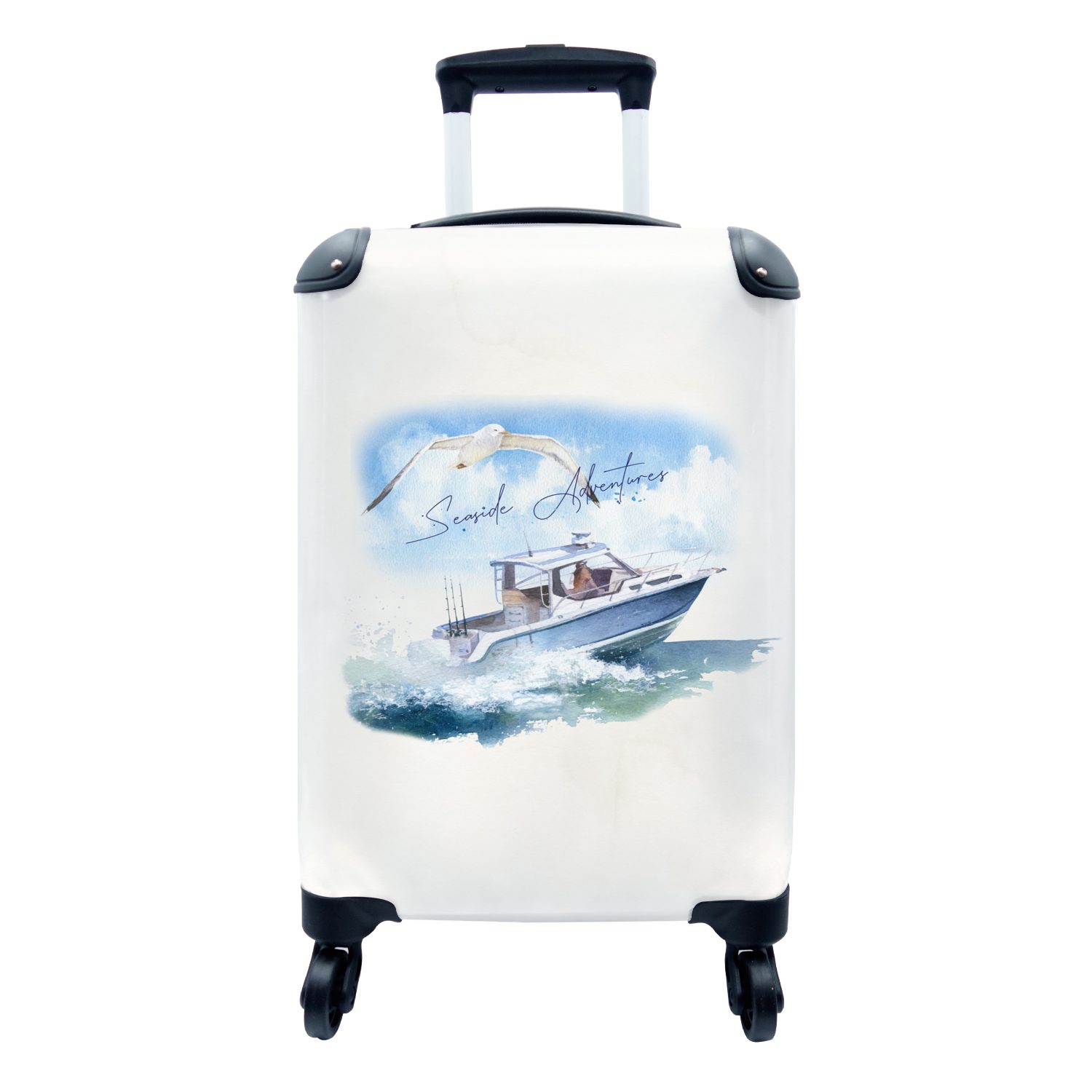 MuchoWow Handgepäckkoffer Boot - Vogel - Meer - Aquarell, 4 Rollen, Reisetasche mit rollen, Handgepäck für Ferien, Trolley, Reisekoffer