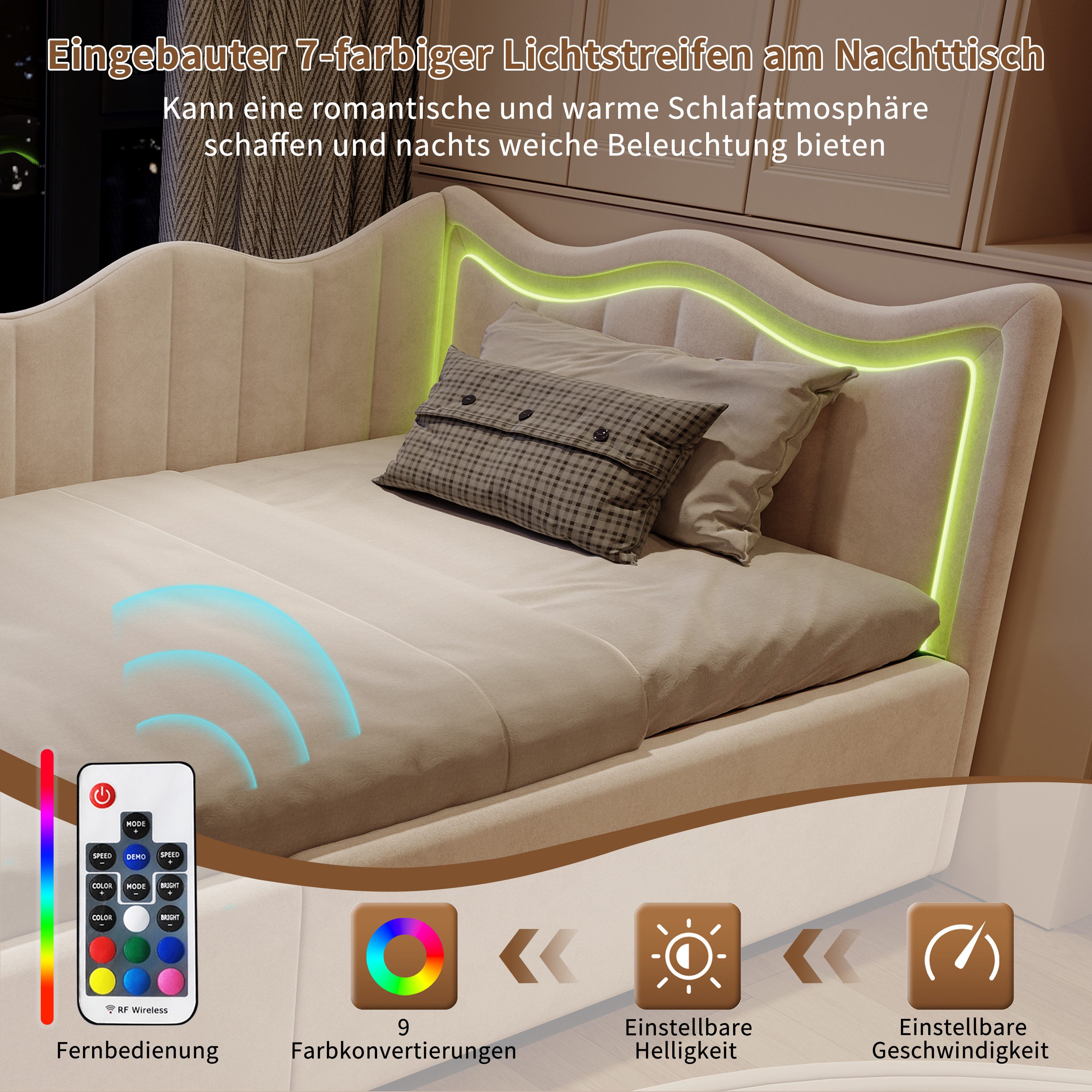 Simurq Daybett Schlafsofa 90x200, mit Bettkasten, Samt, Beige, Polsterbett, Hydraulisch hebbarer Stauraum, Mit LED, Samt, 90x200cm