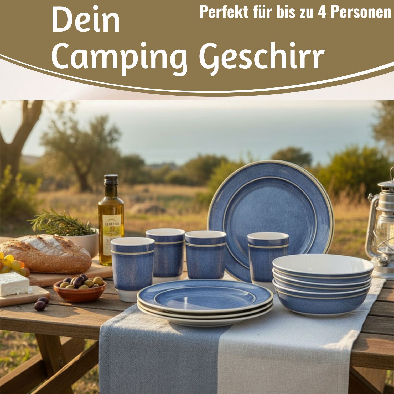 LS-LebenStil Geschirr-Set Camping-Geschirr Set 12-teilig Maritim Blau Weiß 4 Personen Picknick (12-tlg), 4 Personen, Kunststoff, Becher Teller Schüsseln - ideal beim Camping Wandern