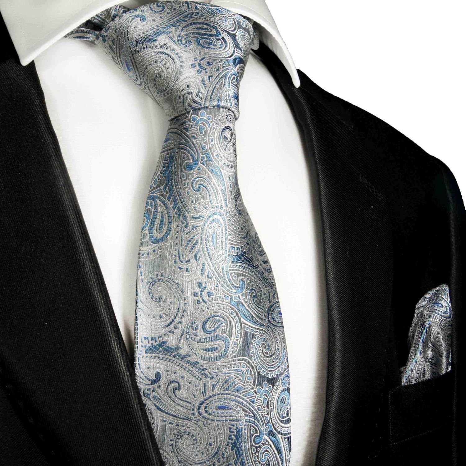 Paul Malone Krawatte Herren Seidenkrawatte mit Tuch modern paisley brokat 100% Seide (Set, 2-St., Krawatte mit Einstecktuch) Breit (8cm), blau grau 2000