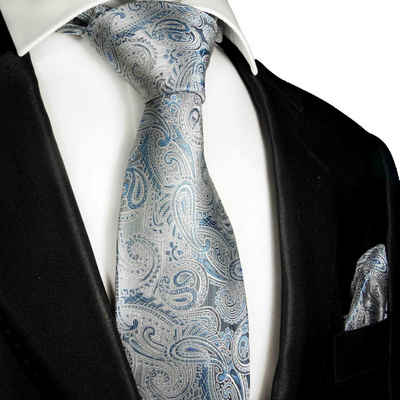 Paul Malone Krawatte Herren Seidenkrawatte mit Tuch modern paisley brokat 100% Seide (Set, 2-St., Krawatte mit Einstecktuch) Schmal (6cm), blau grau 2000