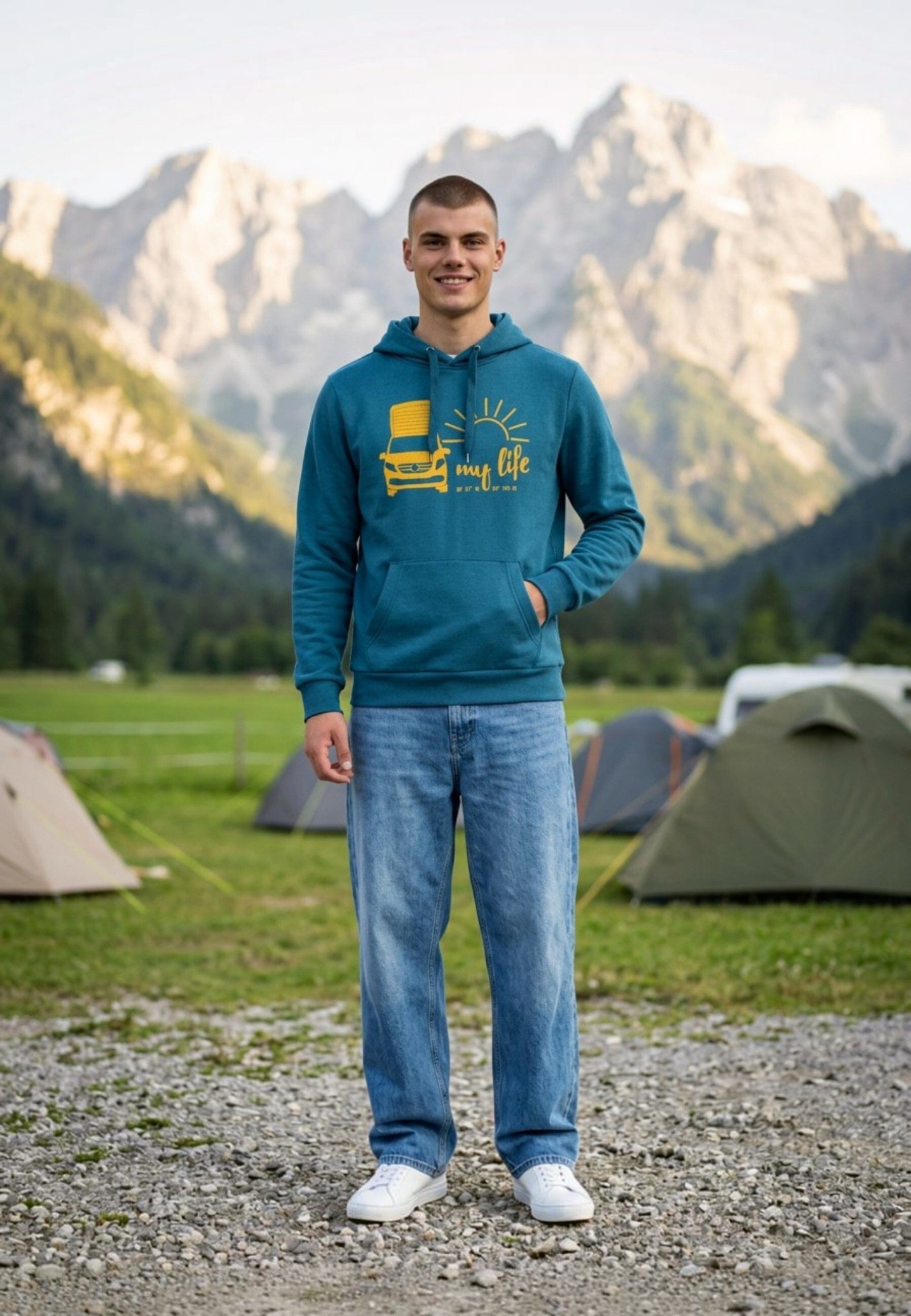 salzhaut Hoodie HEFF - CAMPER - My Life Herren normale Passform salzhaut Kapuzenpullover – bequemer Fit und nordisch klares Design