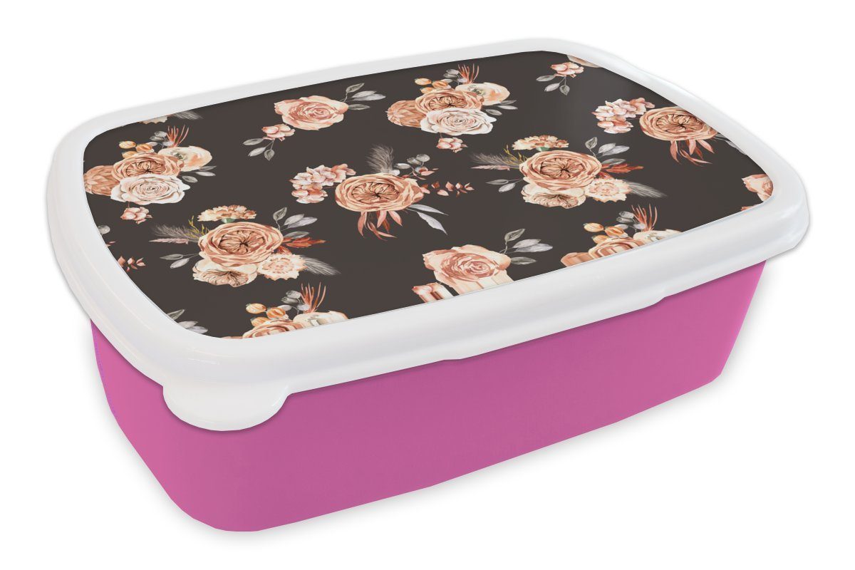 MuchoWow Lunchbox Blumen - Schwarz - Muster, Kunststoff, (2-tlg), Brotbox für Erwachsene, Brotdose Kinder, Snackbox, Mädchen, Kunststoff rosa