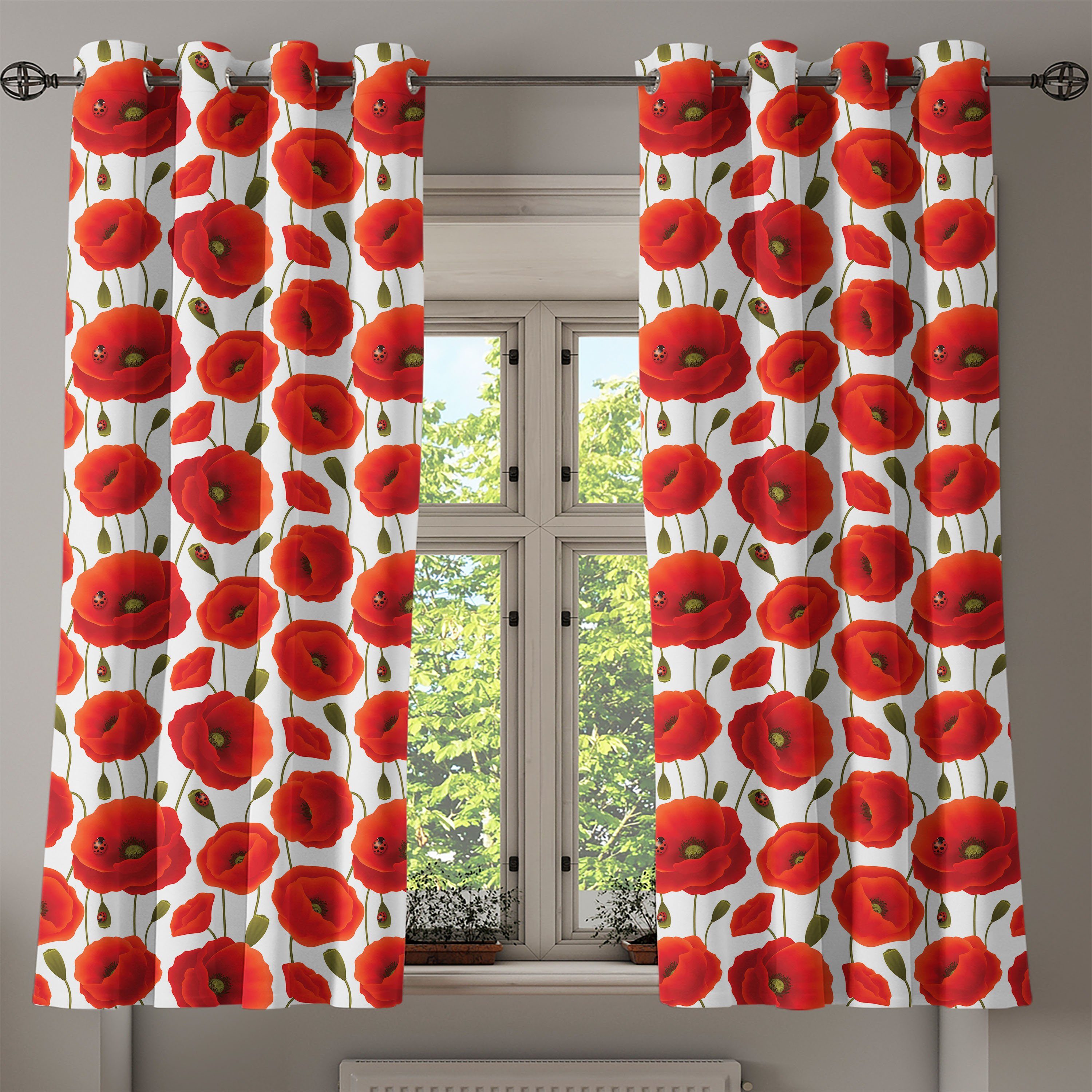Gardine Dekorative Blossom Schlafzimmer für Spring Wohnzimmer, Abakuhaus, 2-Panel-Fenstervorhänge Floral Mohn