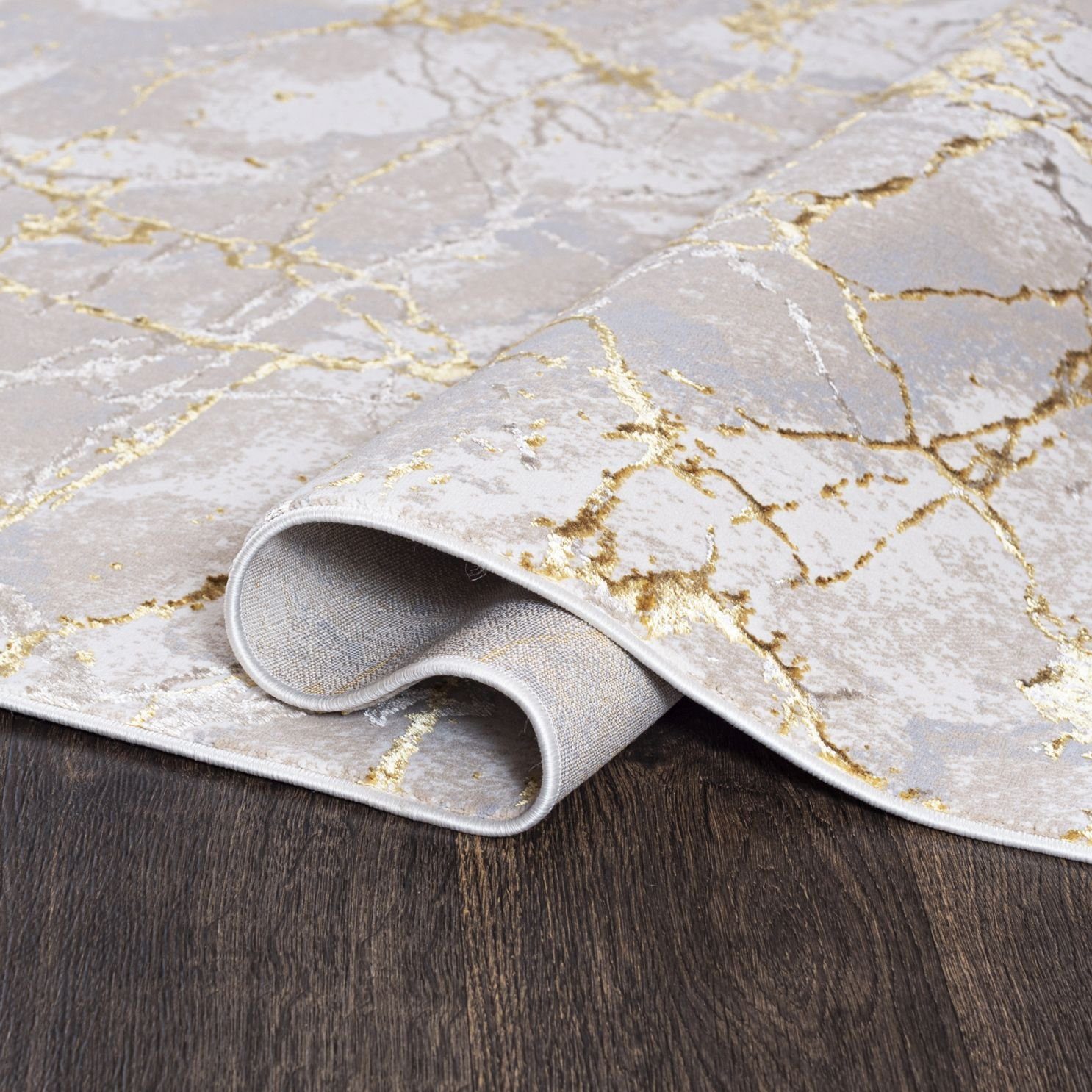 Mazovia Designteppich Modern Teppich für Wohnzimmer - Beige Creme mit Gold, 80 x 150 cm