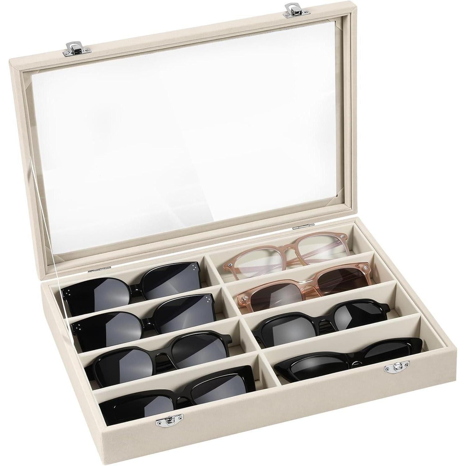 Schmuckkasten Brillenbox 8 Fächer Samt Organizer H-8 fächer mit deckel beige