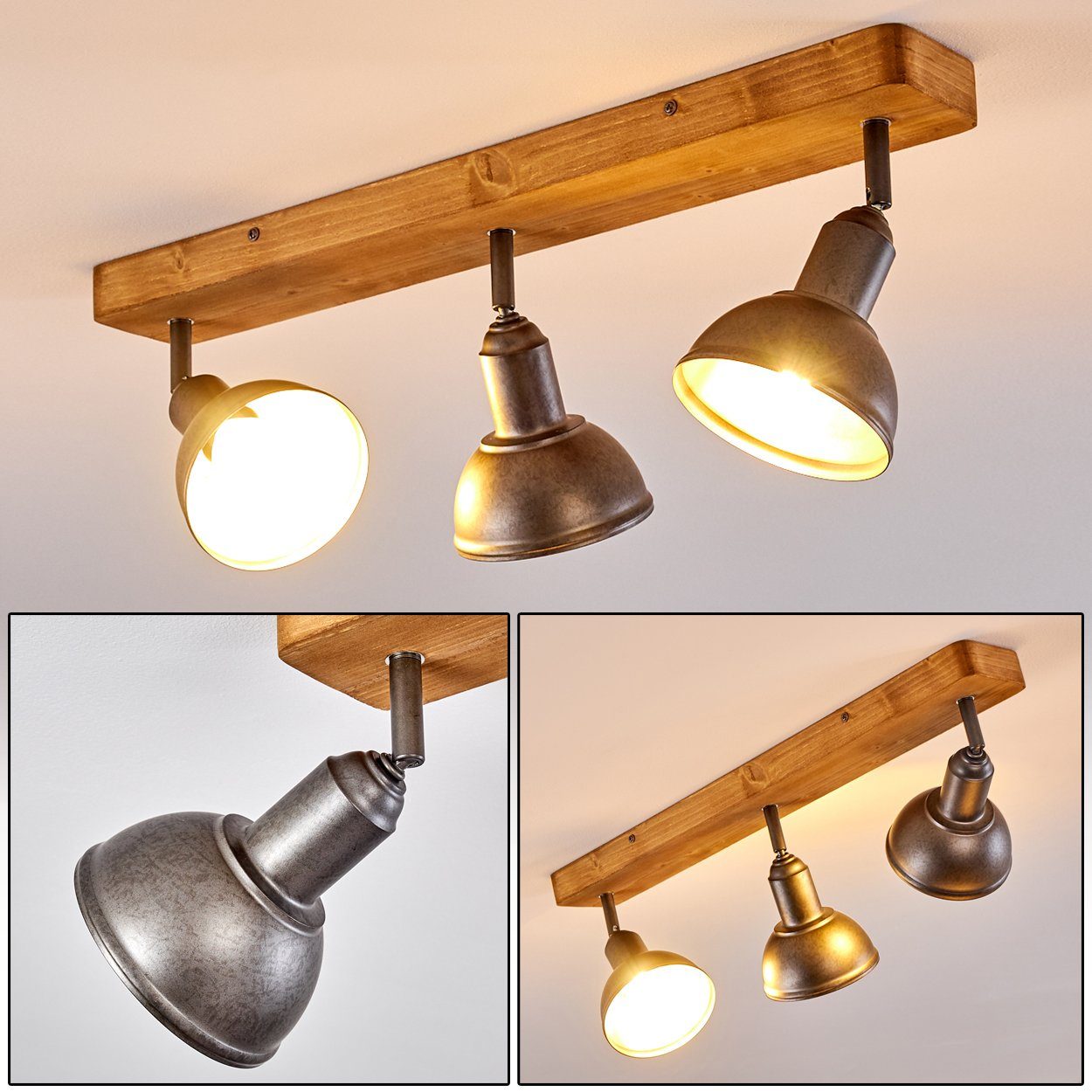 hofstein Deckenleuchte »Mura« Deckenlampe aus Metall/Holz in Grau/Braun, ohne Leuchtmittel, mit verstellbaren Strahlern, 3xE14, Spot im Retro/Vintage Design