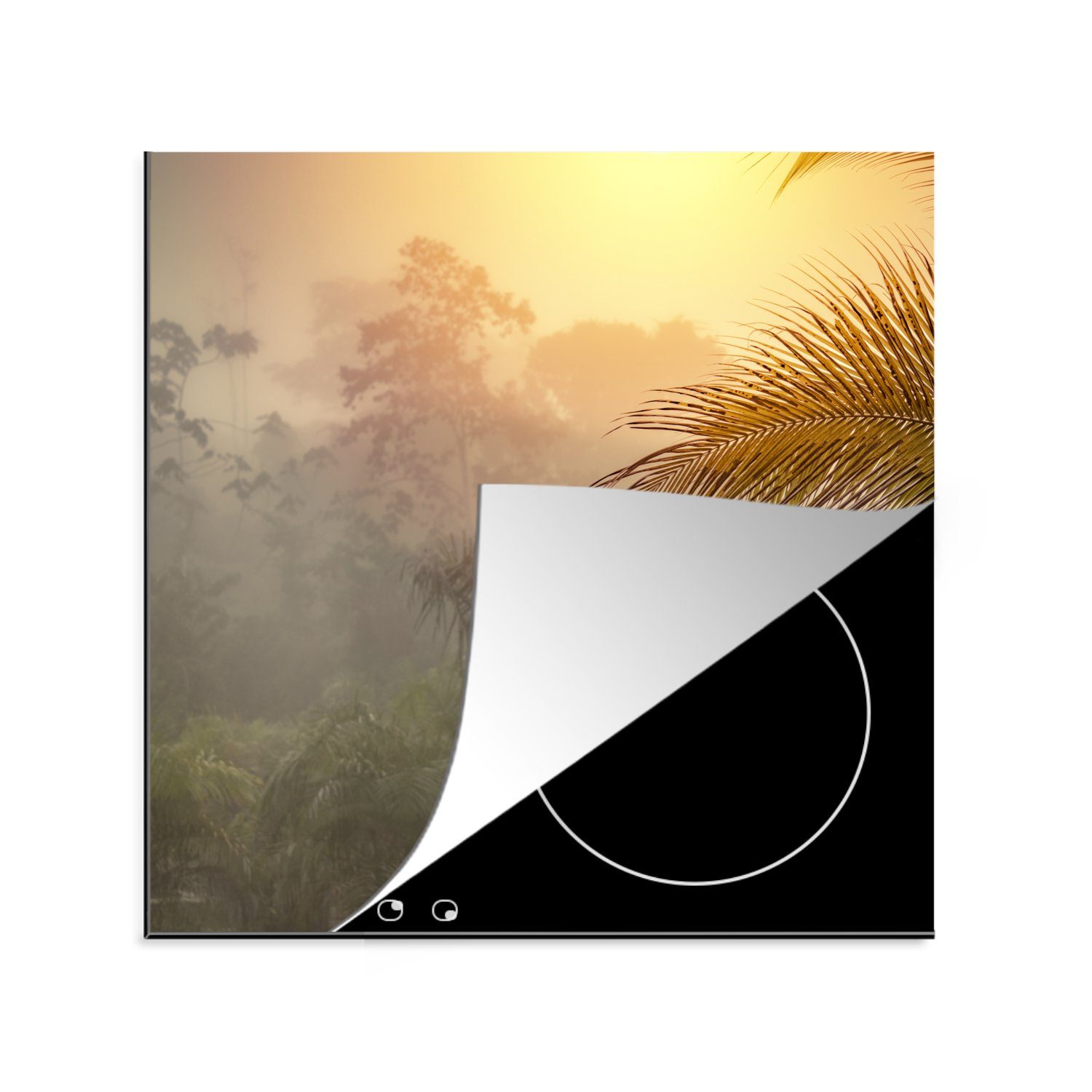 MuchoWow Herdblende-/Abdeckplatte Landschaft mit Nebel und Palmen, Vinyl, (1 tlg), 78x78 cm, Ceranfeldabdeckung, Arbeitsplatte für küche