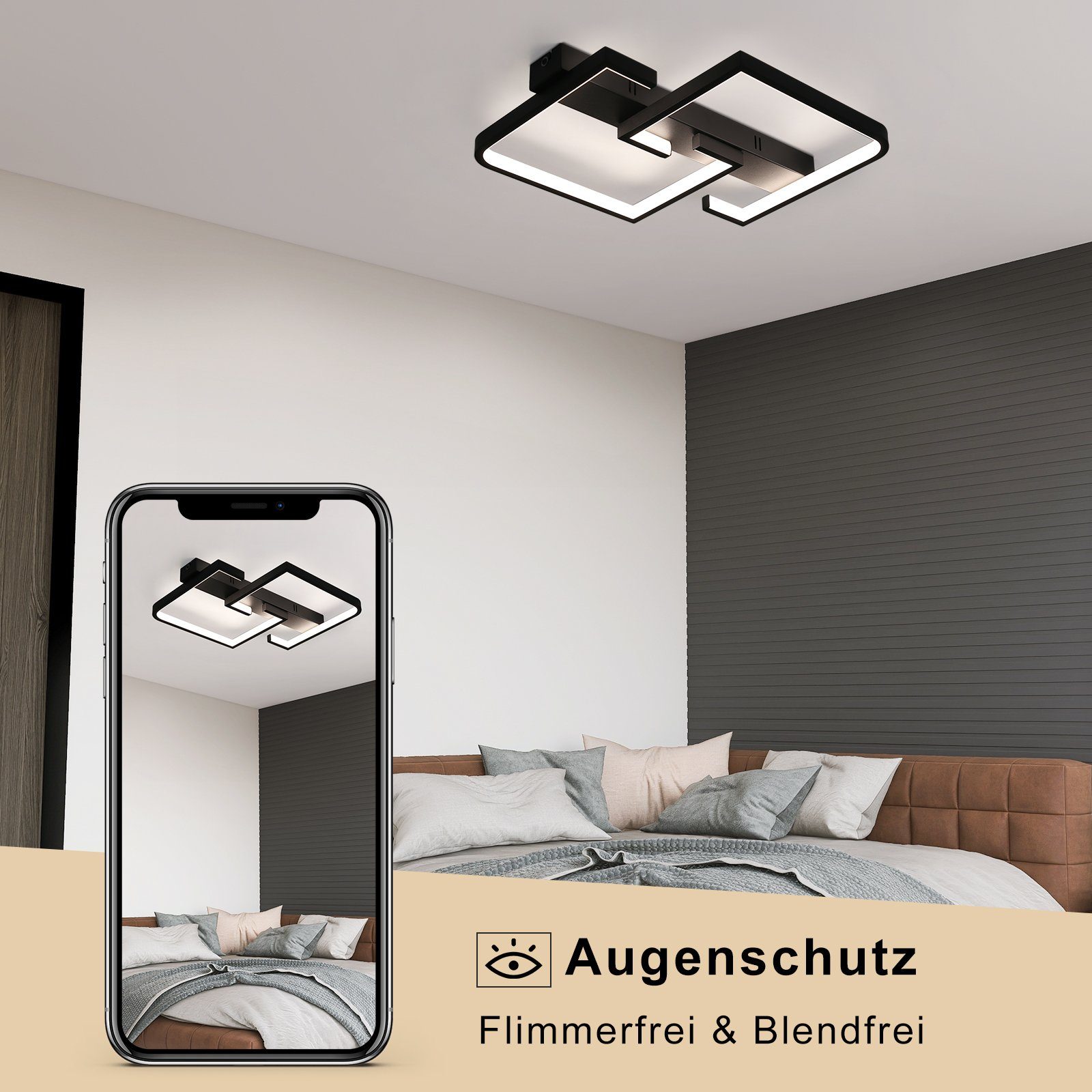 Nettlife LED Deckenleuchte Schwarz Dimmbar Wohnzimmer mit Fernbedienung Deckenlampe 45W 61CM, LED fest integriert, Tageslichtweiß, warmweiß, kaltweiß, Deckenmontage