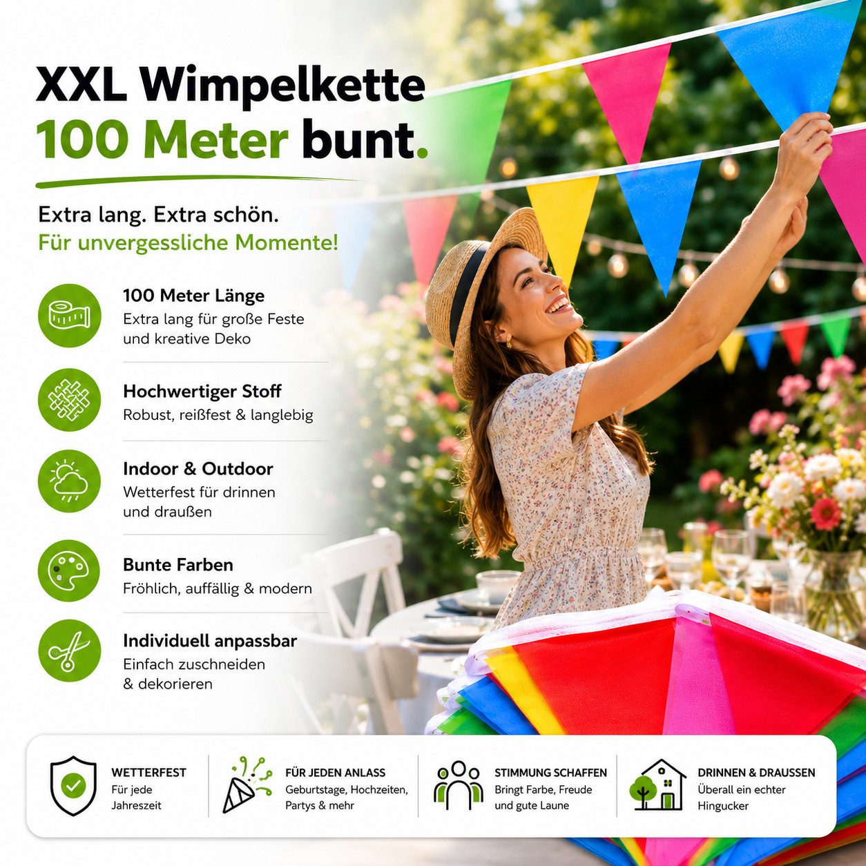 GOTPARTY Wimpelkette Bunte Wimpelkette, 100 m Gesamtlänge, wiederverwendbare Partygirlande – Bild 5 von 5