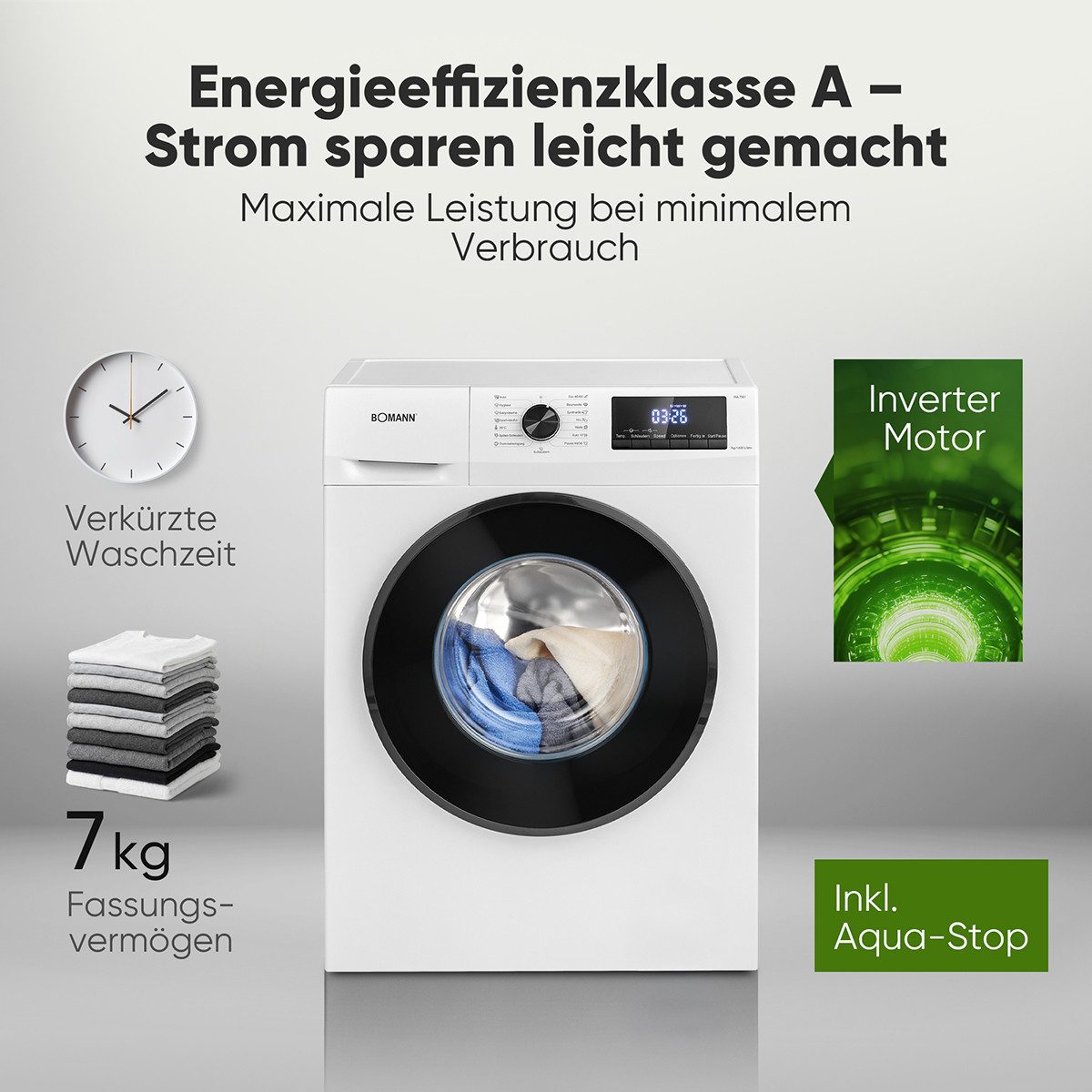 BOMANN Waschmaschine WA 7501, 7 kg, 1400 U/min, 7kg, Invertermotor, 10 Jahre Motor-Garantie