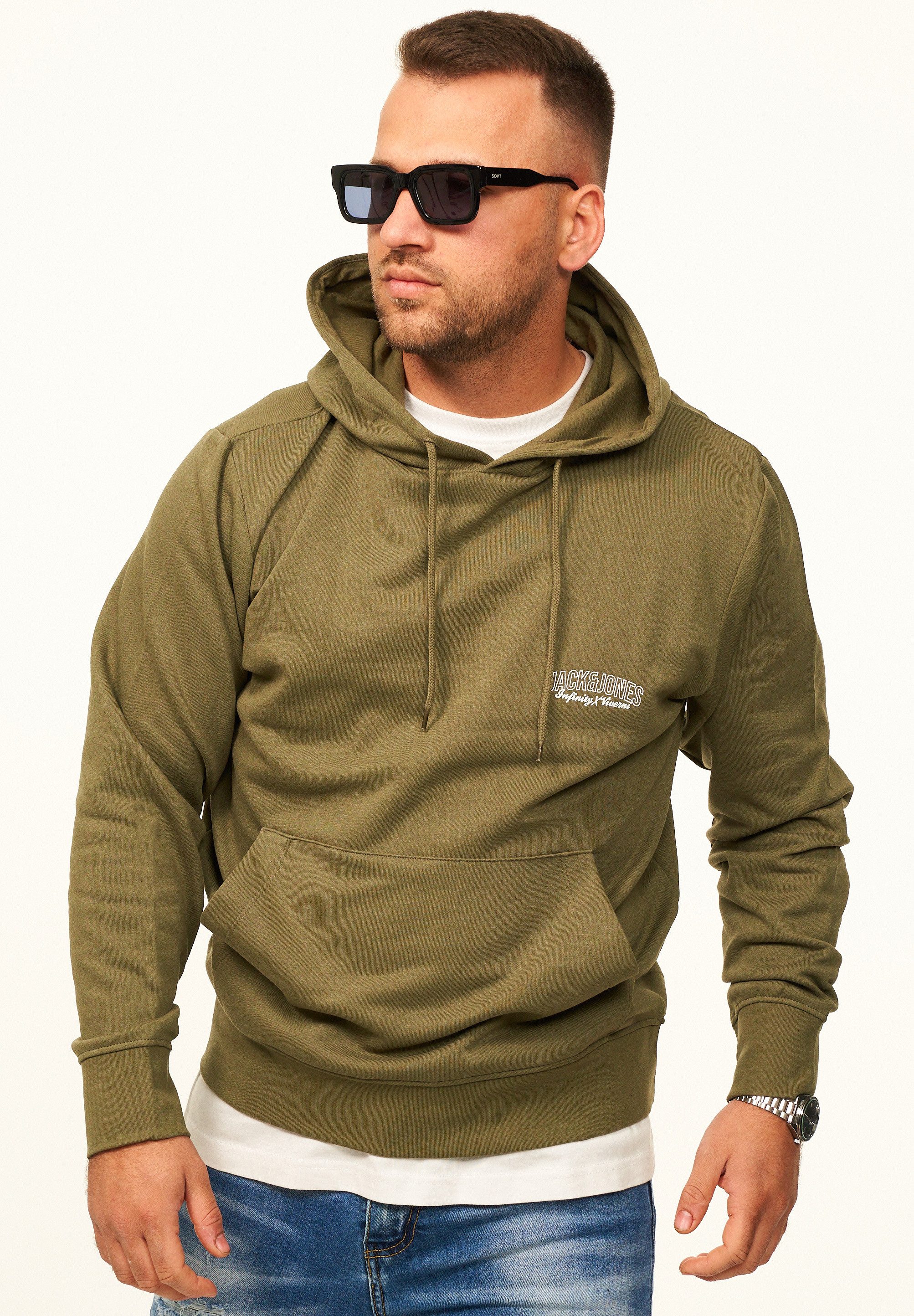 Jack & Jones Hoodie Pullover als Kapuzenpullover im Regular Fit - Sweatshirt für Herren Männer Sweatpullover mit Logo-Print aus Baumwollmischung