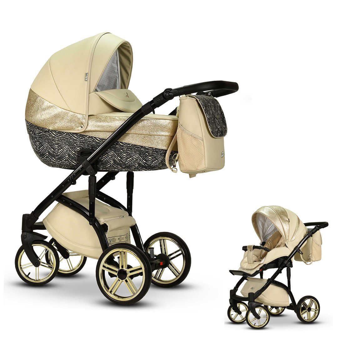 babies-on-wheels Kombi-Kinderwagen 2 in 1 Kinderwagen-Set Vip Lux - 11 Teile - in 16 Farben Beige-Schwarz-Dekor