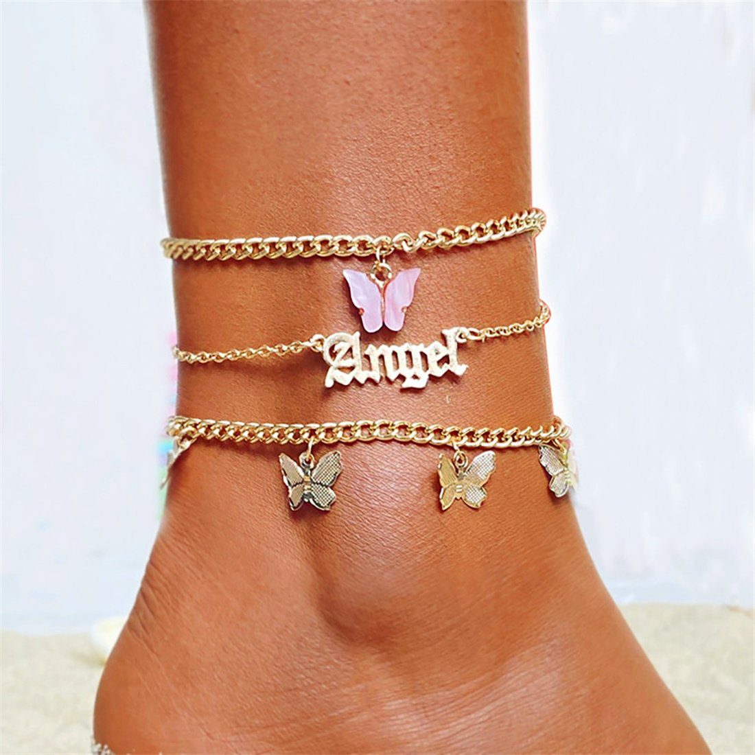 DÖRÖY Fußkette Damen Schmetterling Anhänger Mehrschichtige Fußkettchen Set von 3 Rosa