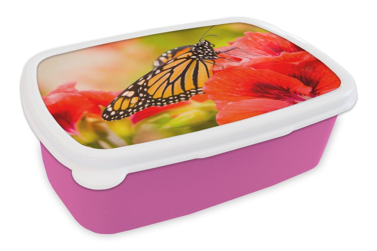 MuchoWow Lunchbox Blumen - Schmetterlinge - Monarch, Kunststoff, (2-tlg), Brotbox für Erwachsene, Brotdose Kinder, Snackbox, Mädchen, Kunststoff rosa