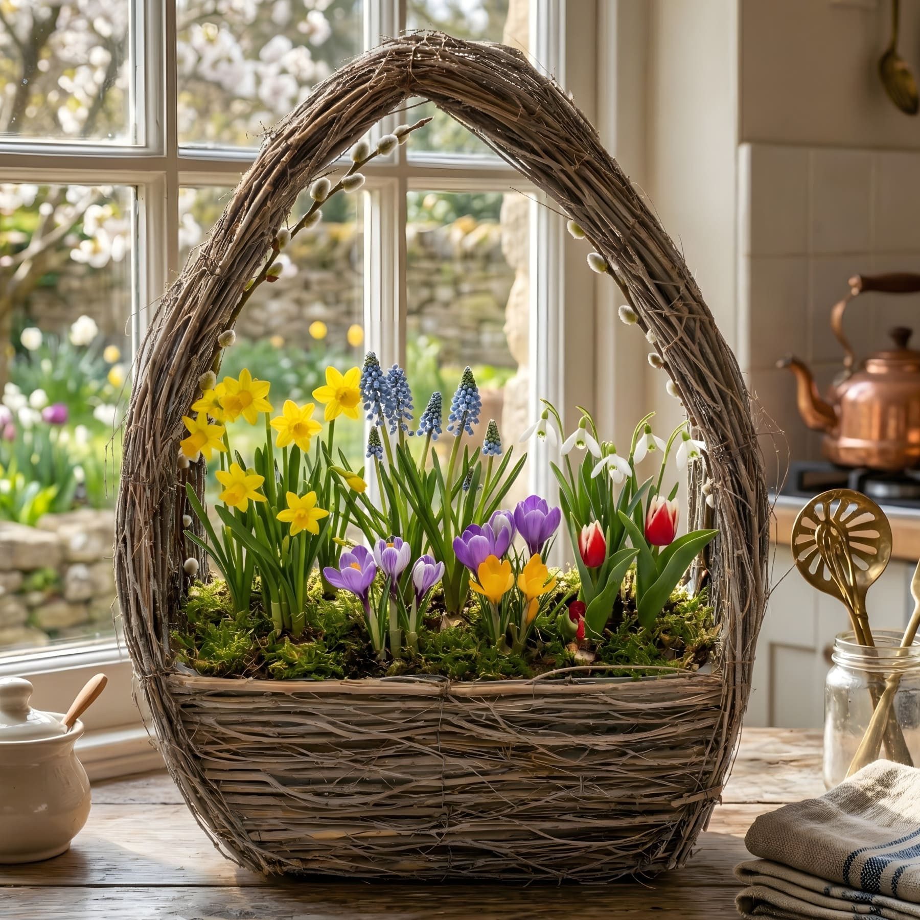 Dekoleidenschaft Pflanzschale "Grey" aus Reisig, grau, Pflanzkorb handgefertigt, Blumentopf 30x15 cm, zum Bepflanzen, Pflanztasche