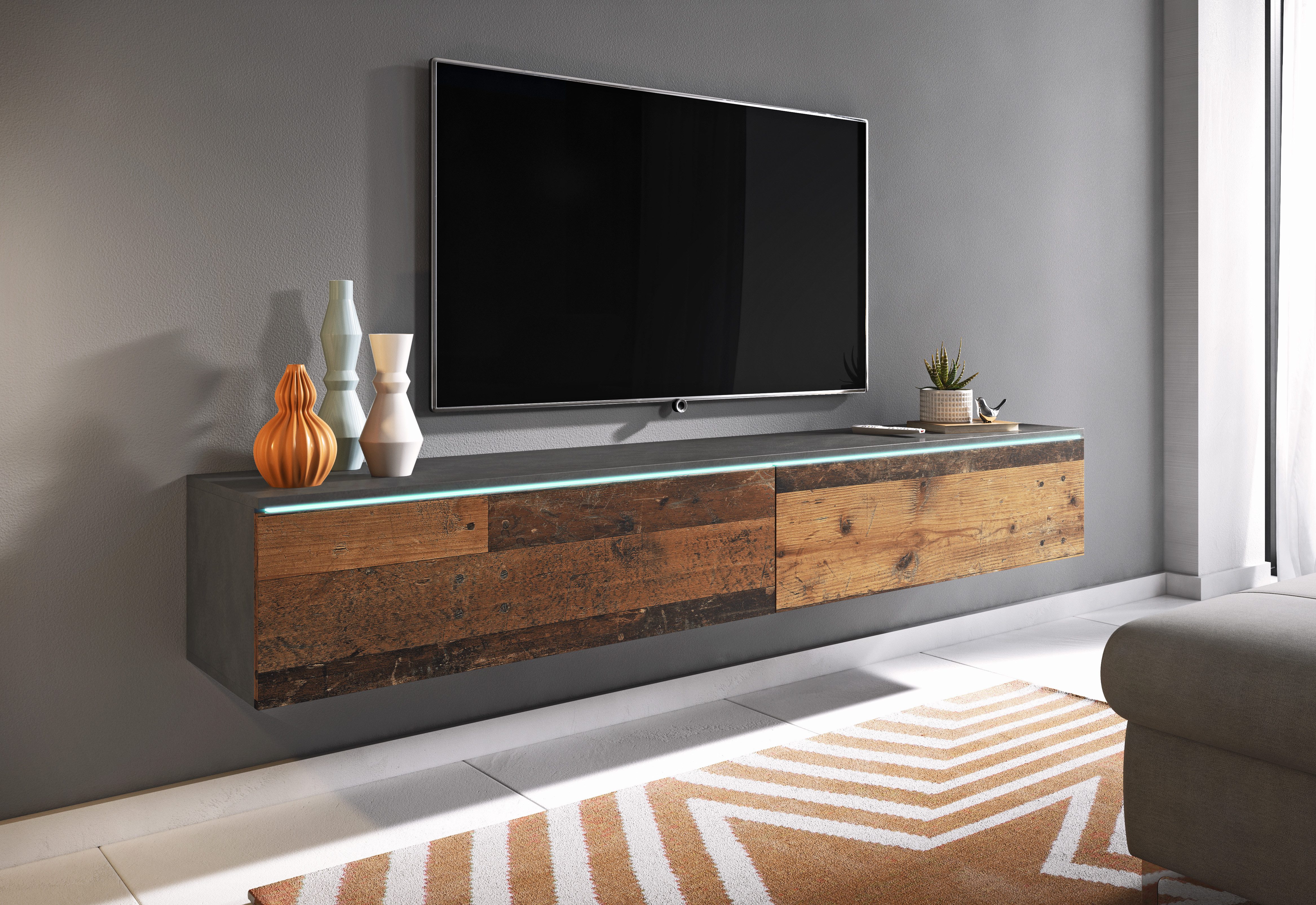 INOSIGN Lowboard LOWBOARD VERA, wahlweise mit oder ohne Beleuchtung, Modernes griffloses TV-Board, 180 cm TV-Schrank, stehend und hängend