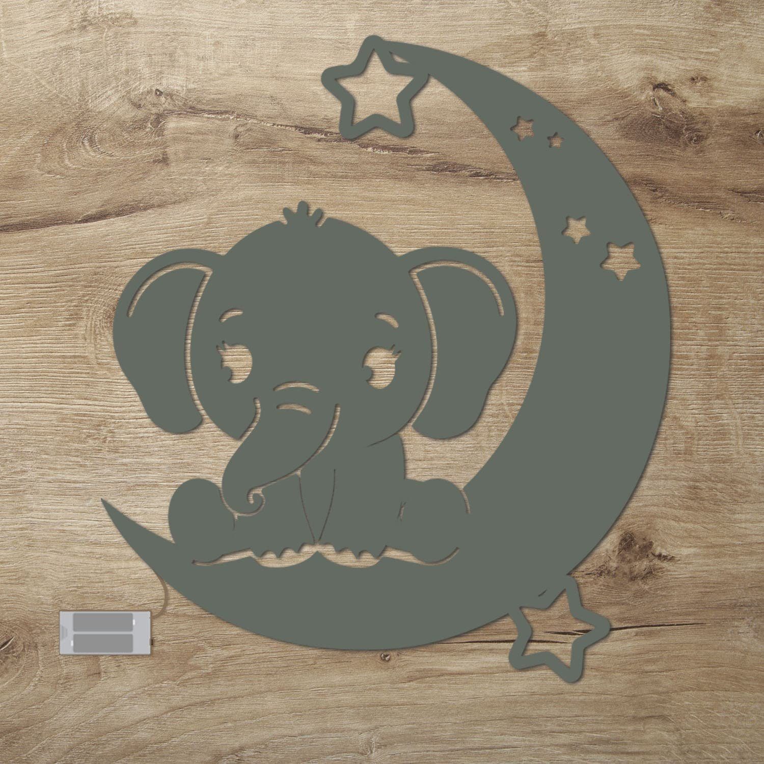 Namofactur LED Wandleuchte Wanddekoobjekt, Zugschalter/Stern, Motiv auf Schlaflicht fest mit Leuchte, Ohne Mond Elefant LED batteriebetrieben Baby - Warmweiß, Kinder, integriert, für Grau Wohnzimmer Elefanten